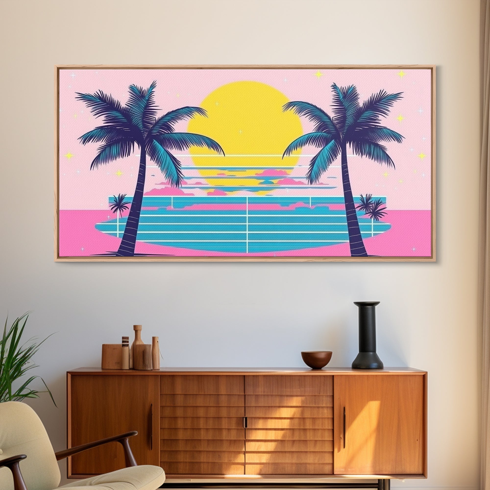 Retro Synthwave Wall Art, Outrun Home Decor Framed Canvas Print, Two Palm Trees and a Sunset