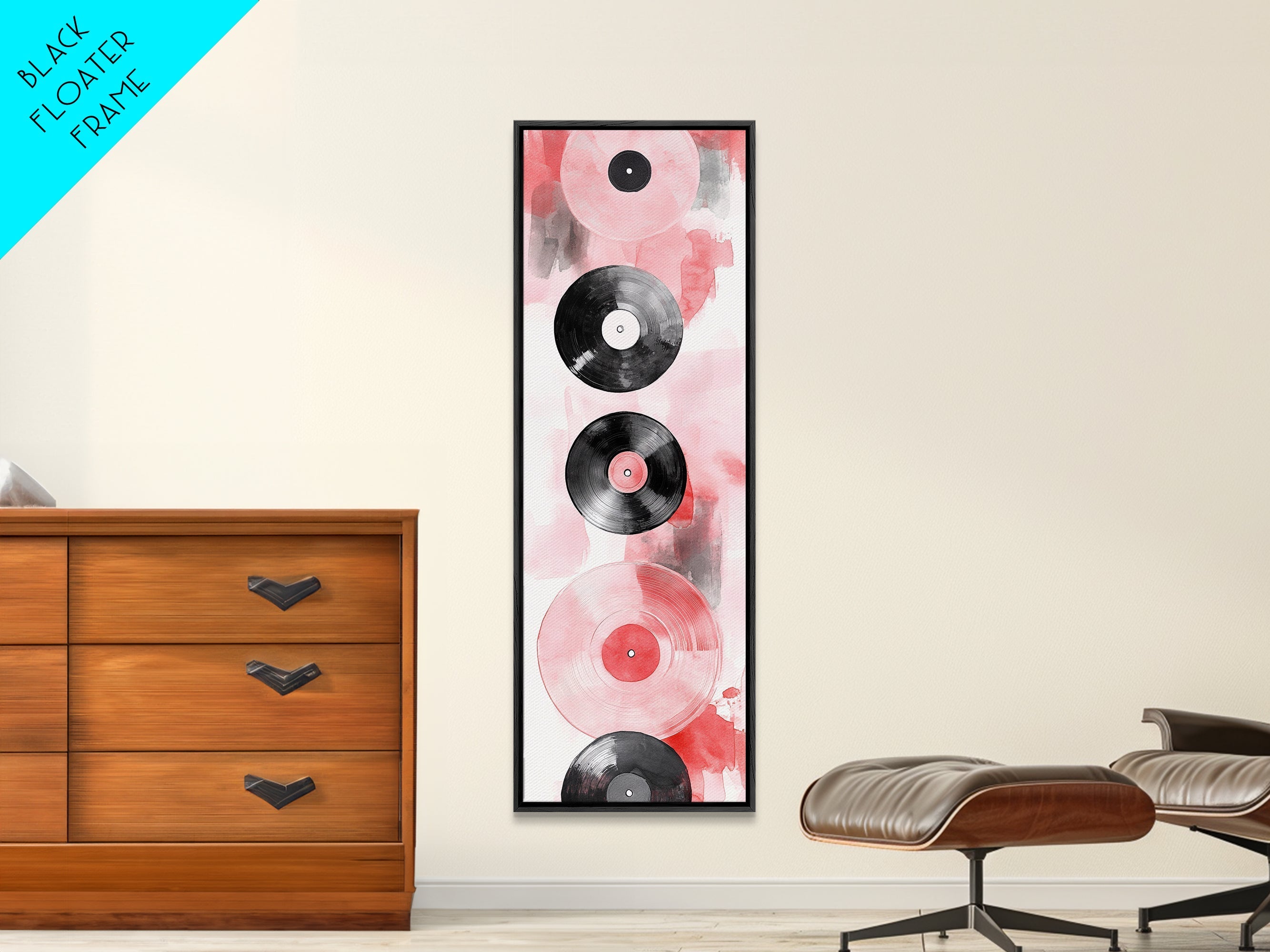 Abstract Vinyl Records Canvas Print, Retro Music Lover Wall Art, Light Pink Minimalist Art, Vertical Skinny Living Room Decor