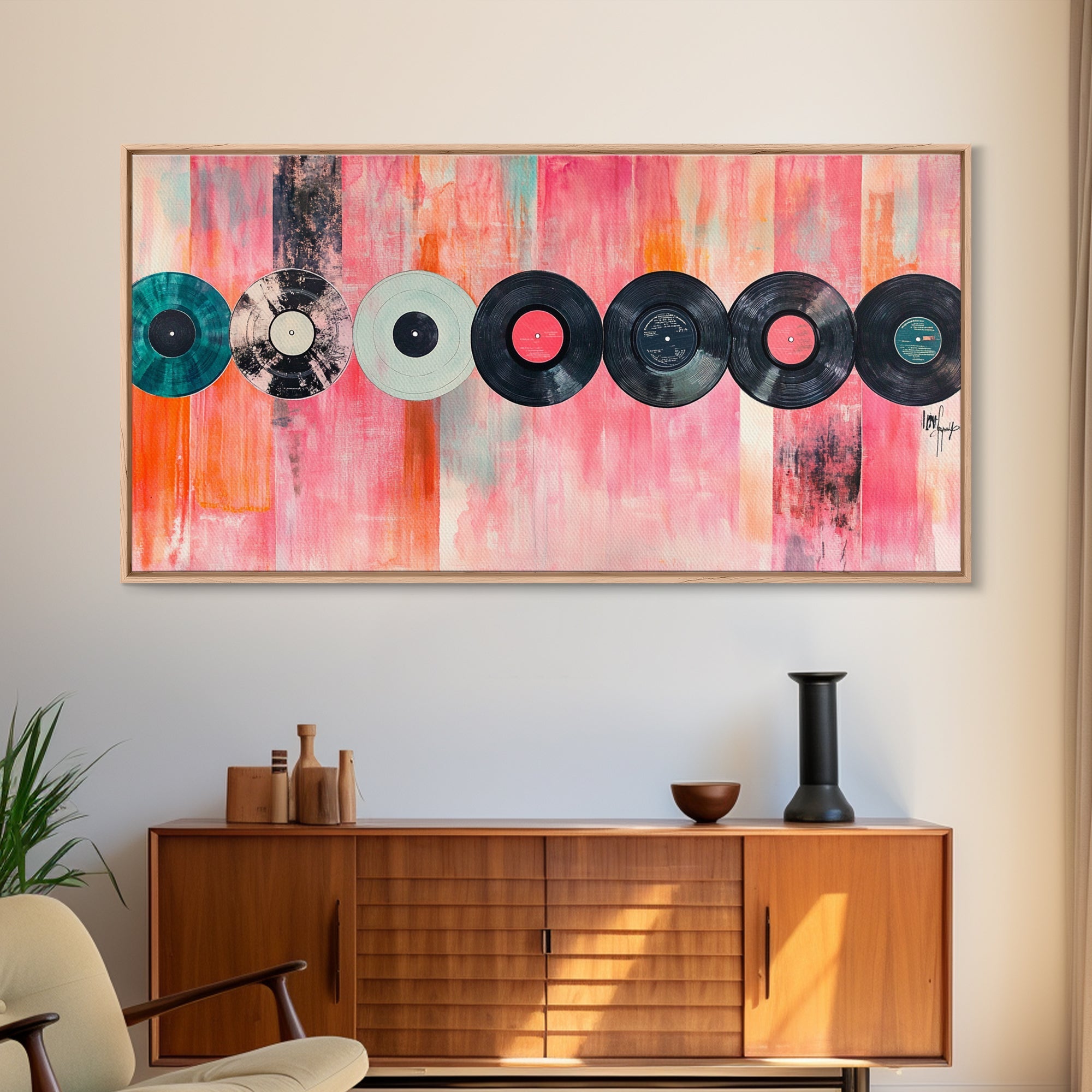 Vinyl Record Wall Art Framed Canvas Print, Pink Orange Abstract Music Art, Retro Living Room Art Minimalist Gift Idea Her