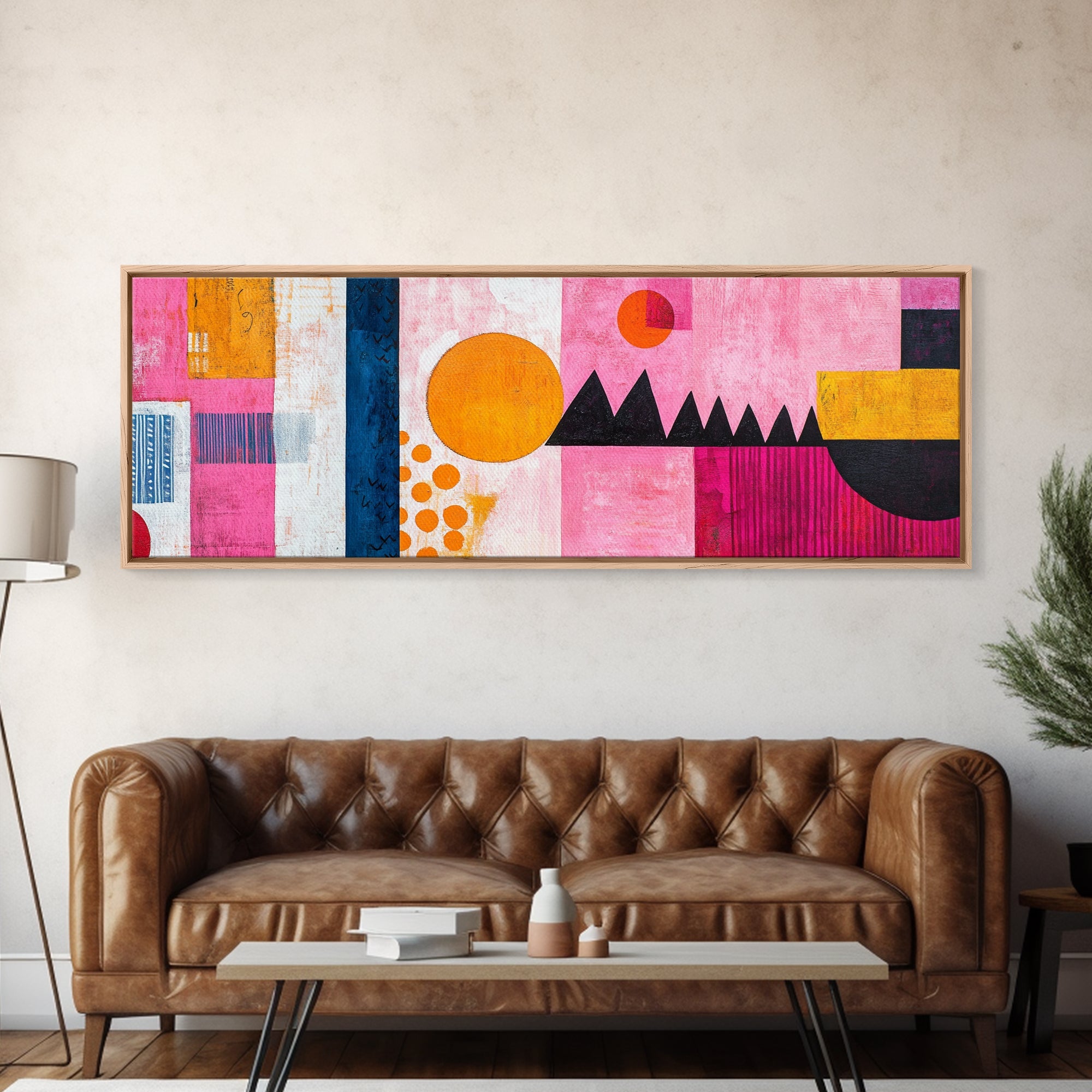 Modern Abstract Canvas Print Pink Orange Wall Art Geometric Whimsical Design Minimalist Art Above Sofa Extra Wide Unique Decor
