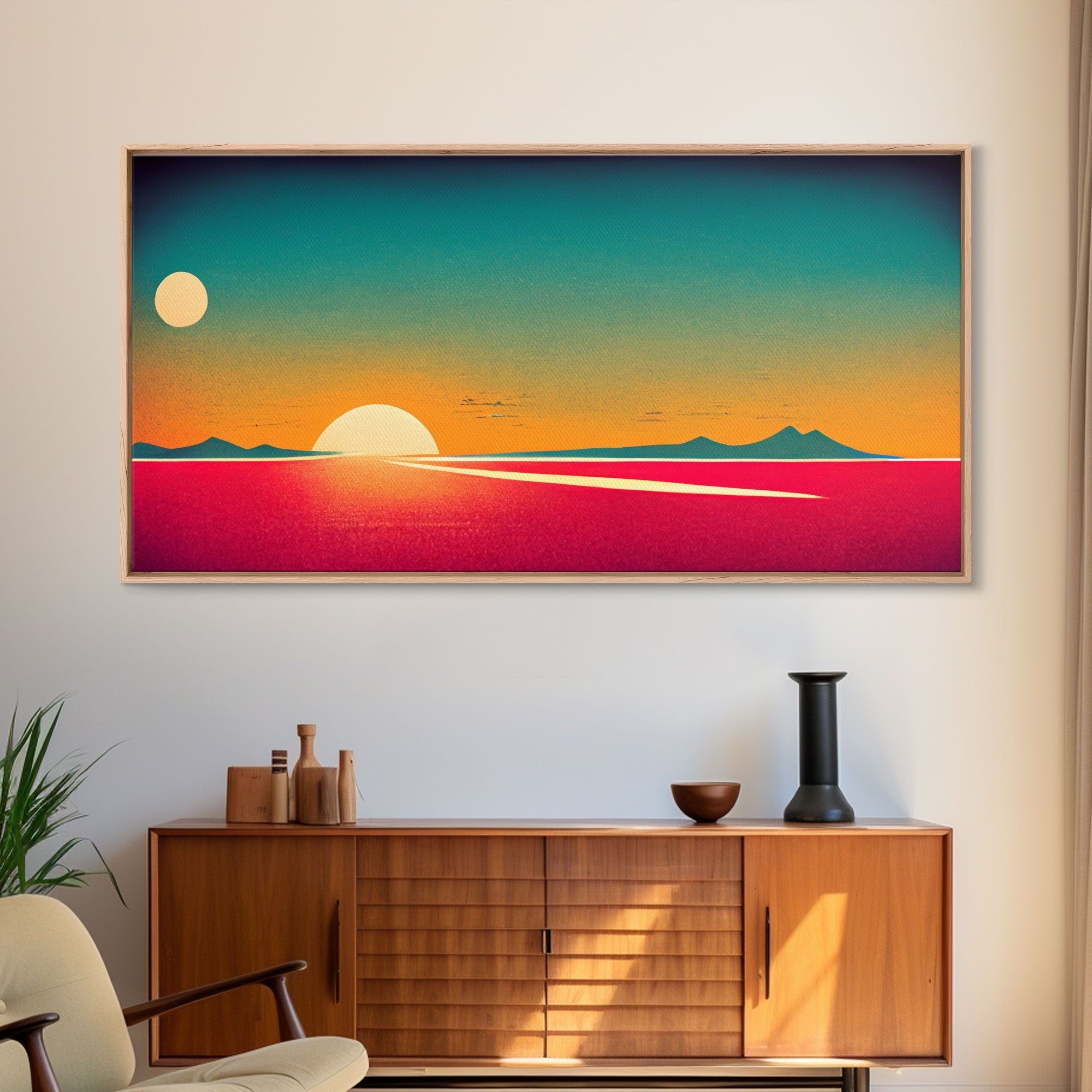 Art Deco Wall Decor, Wall Art, Framed Canvas Print, Retro Style Sunset Art, Scifi Wall Decor, 2 Suns