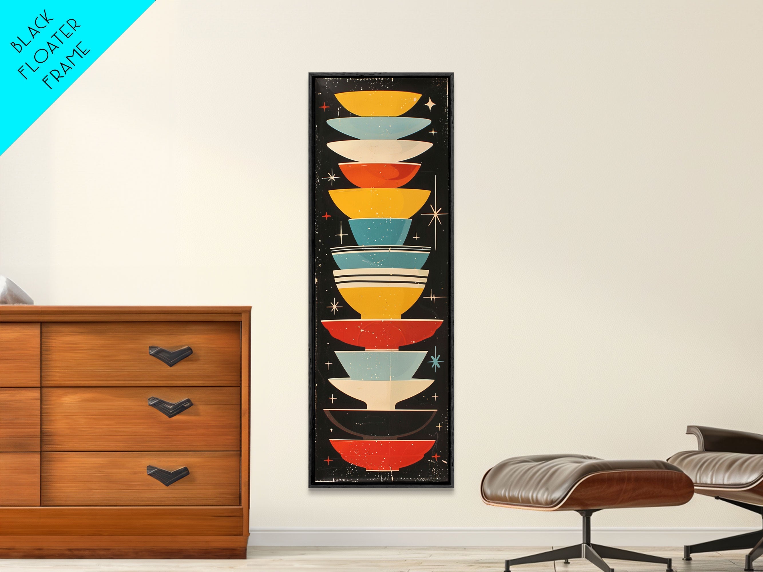 Retro Stacked Bowls Art in Midcentury Style - Framed Canvas Print, Skinny Tall Art for Living Room or Bedroom Decor