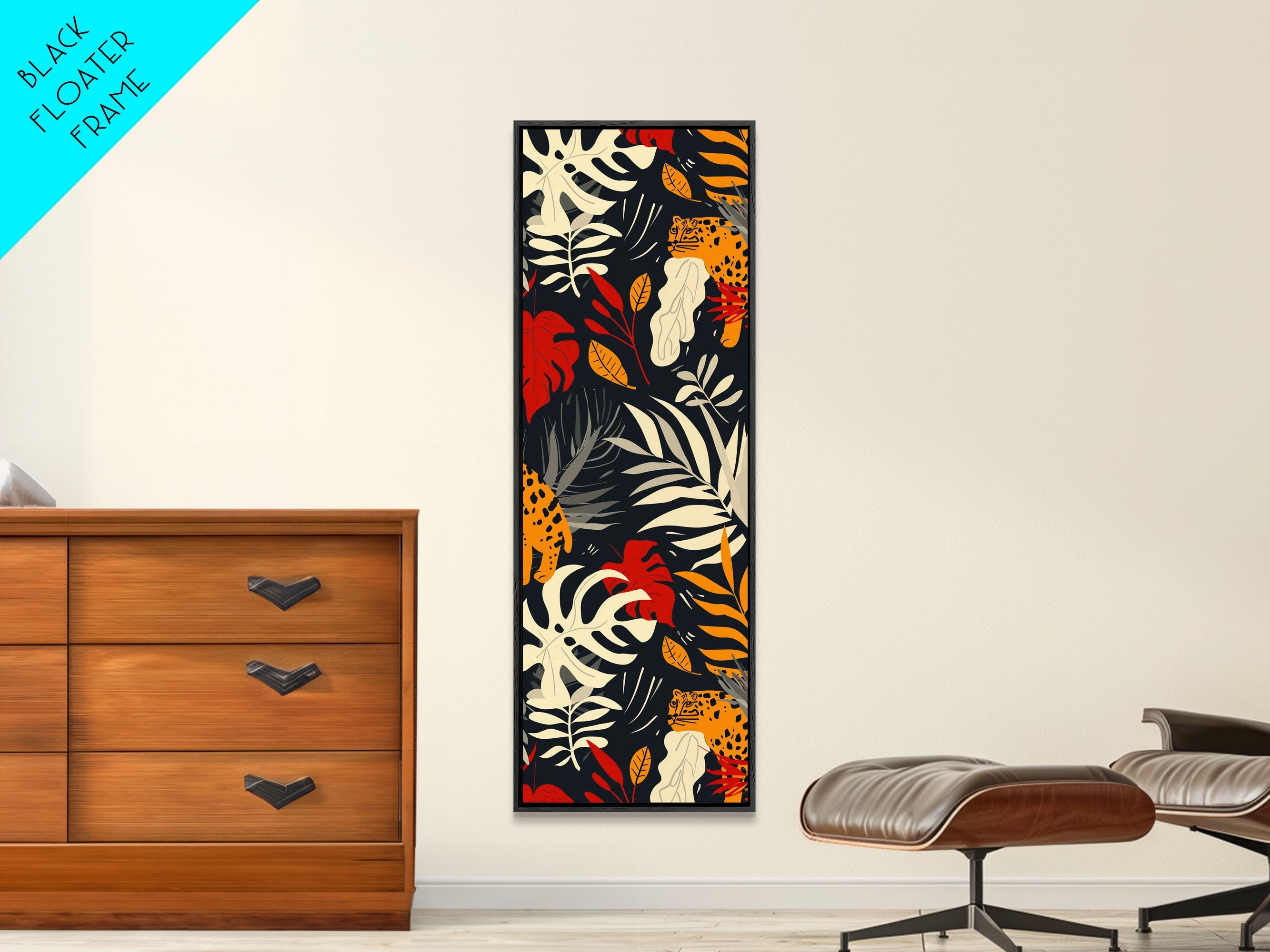 Jungle Foliage and Leopard Design on Black Background - Framed Canvas Print, Midcentury Modern Art, Skinny Art, Tall Art, Living Room Wall Decor, Boho Art