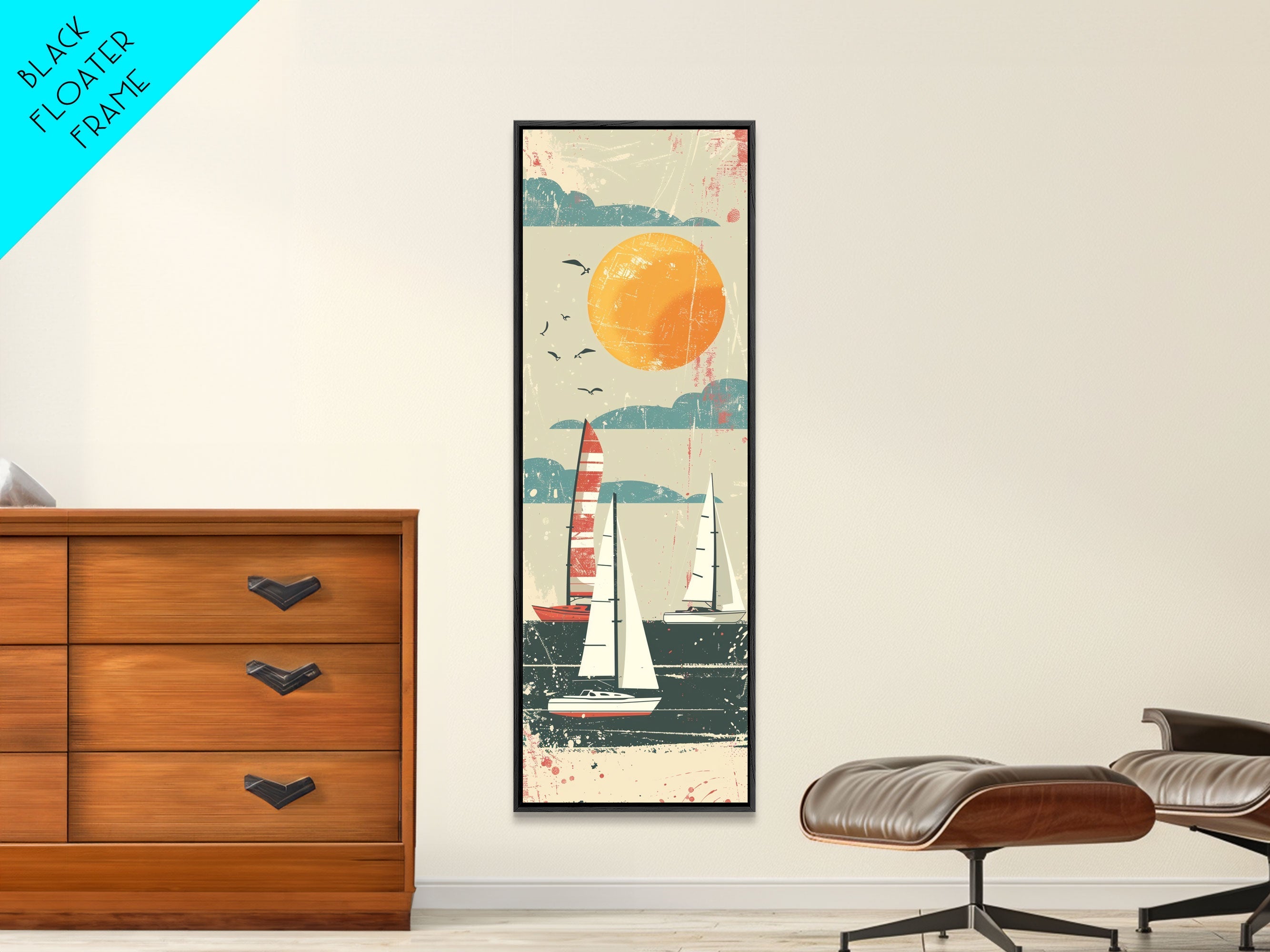 Sailboats Under the Sun, Retro Japanese Art Style Framed Canvas Print, Tall Skinny Art with a Vintage Touch