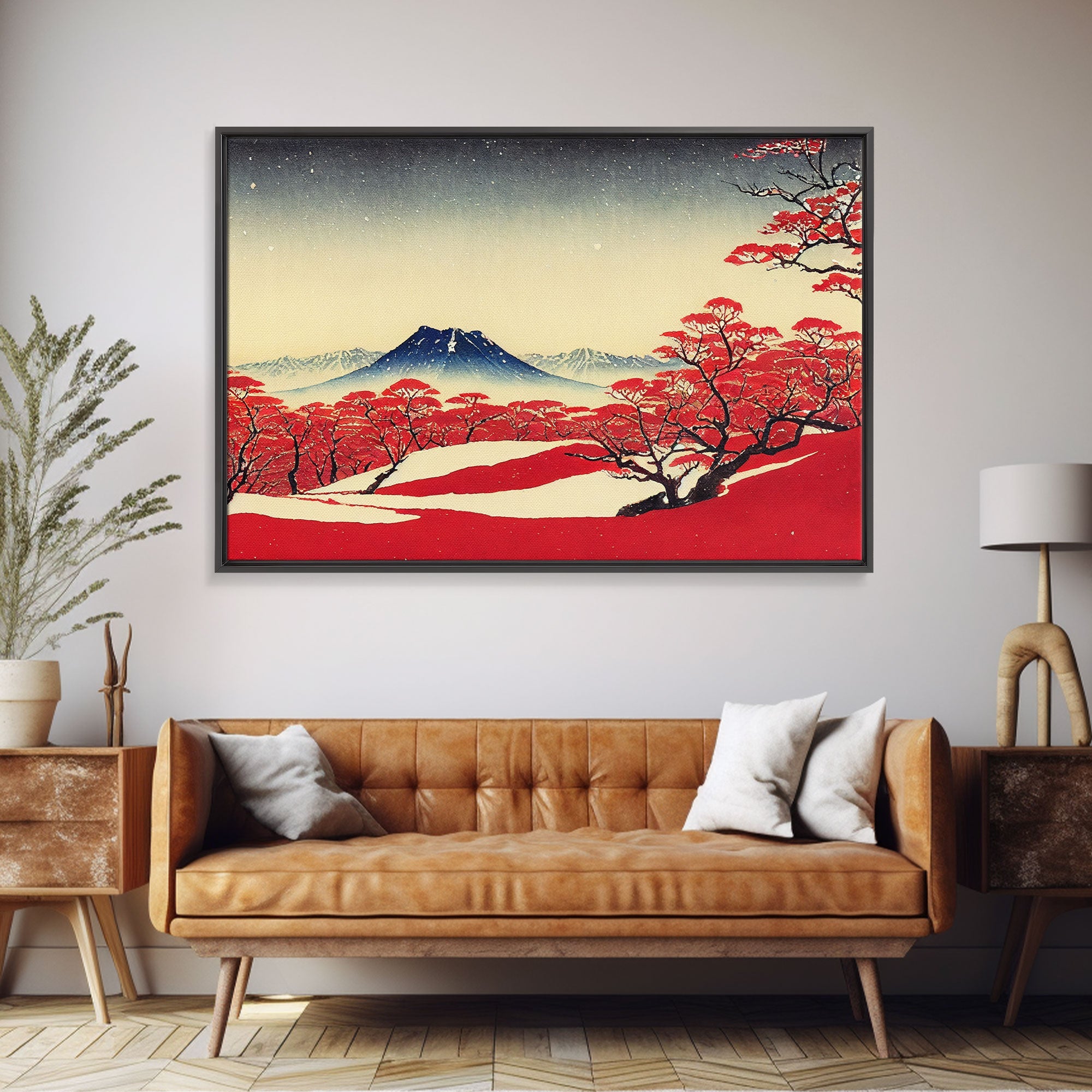 Mt. Fuji in the winter, Japanese style art, Japanese maple trees, framed canvas print, unique retro style art