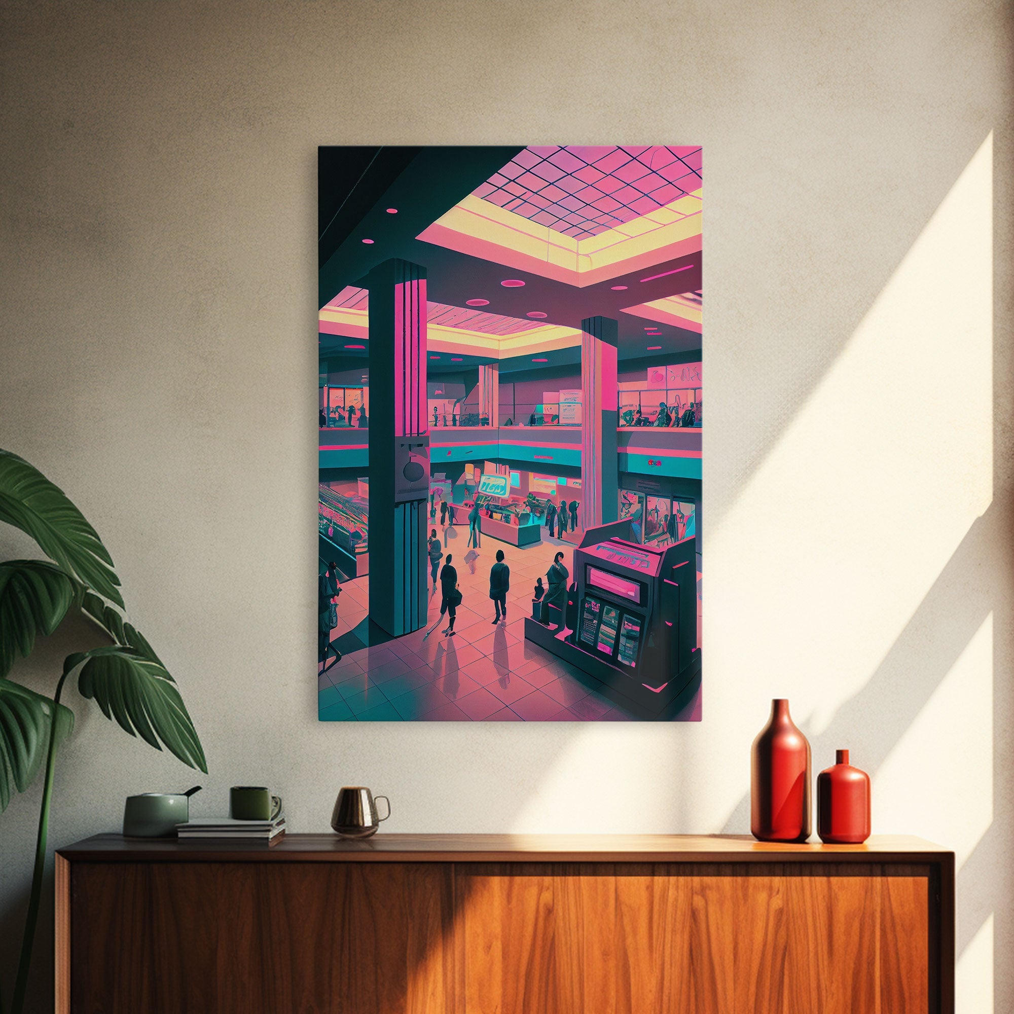 Monument to Capitalism, Retro 80's mall art, framed canvas print, vaporwave aesthetic consumer art