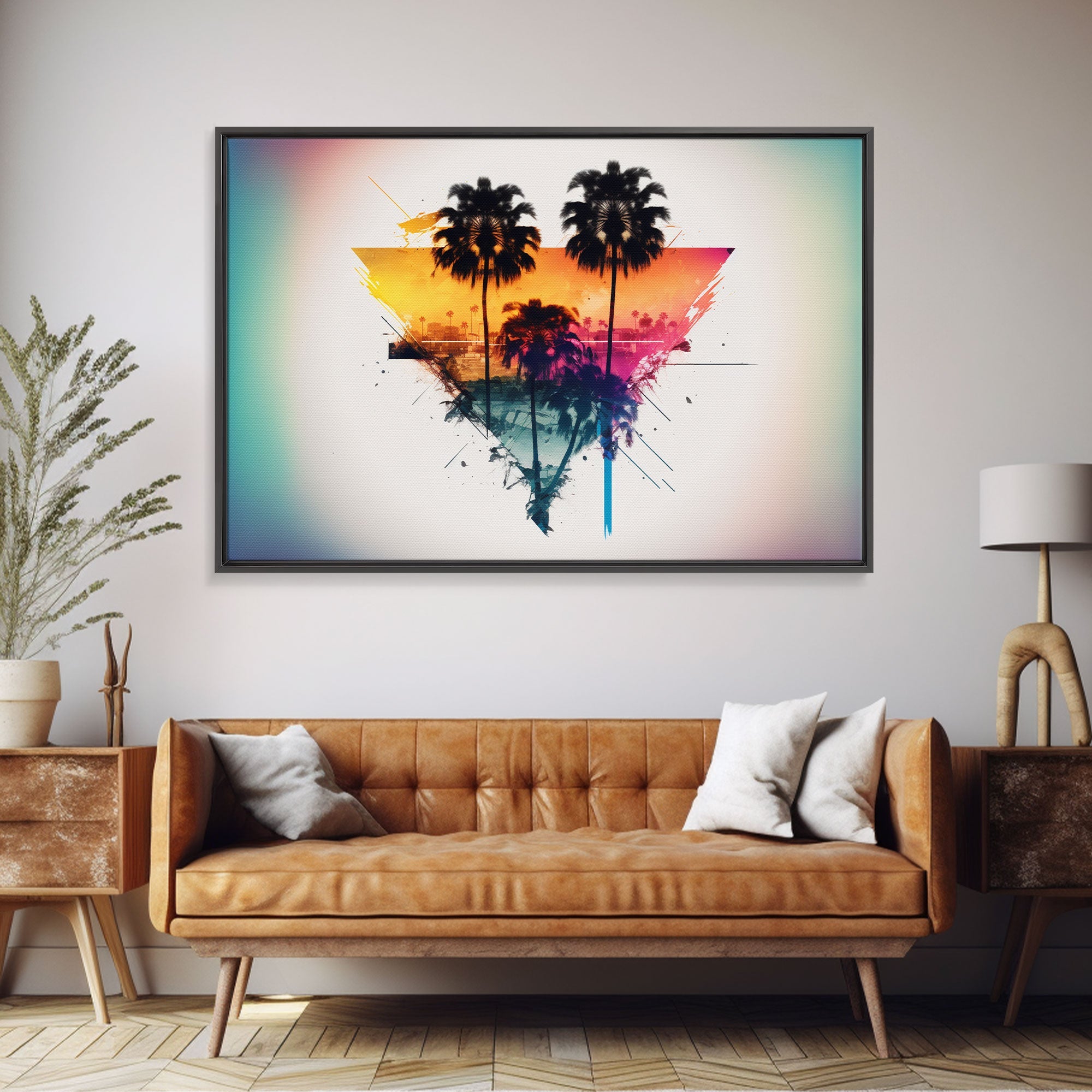 Retrowave / Synthwave Sunset Behind Beautiful Palm Trees, 1980s Style Retro Home Decor, Framed Canvas Print, Double Exposure Art