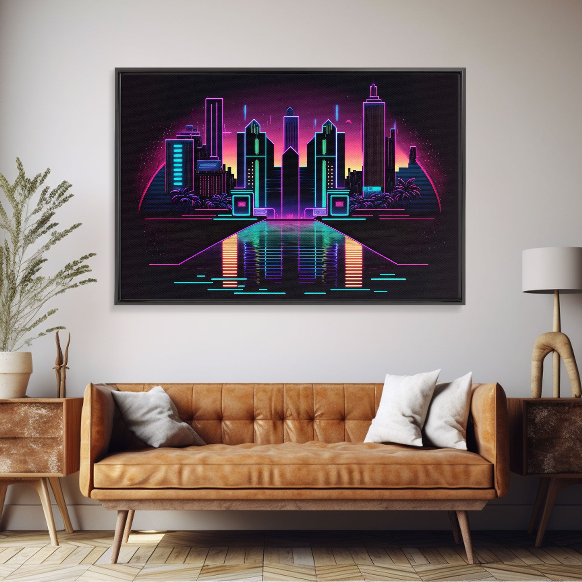 Retro Style Synthwave Wireframe City, Outrun Style, Framed Canvas Print, 80s Vibes Art
