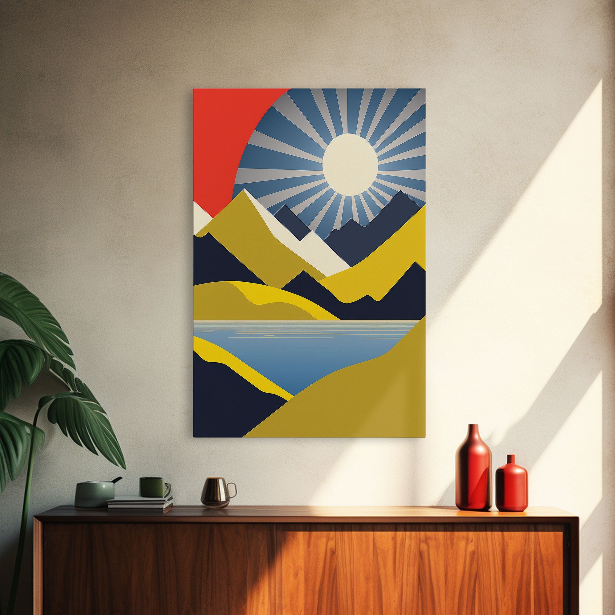 Scandinavian Style Midcentury Wall Art, Framed Canvas Print - Art Deco Minimalist Sunset Retro Style Wall Art Sepia Tones