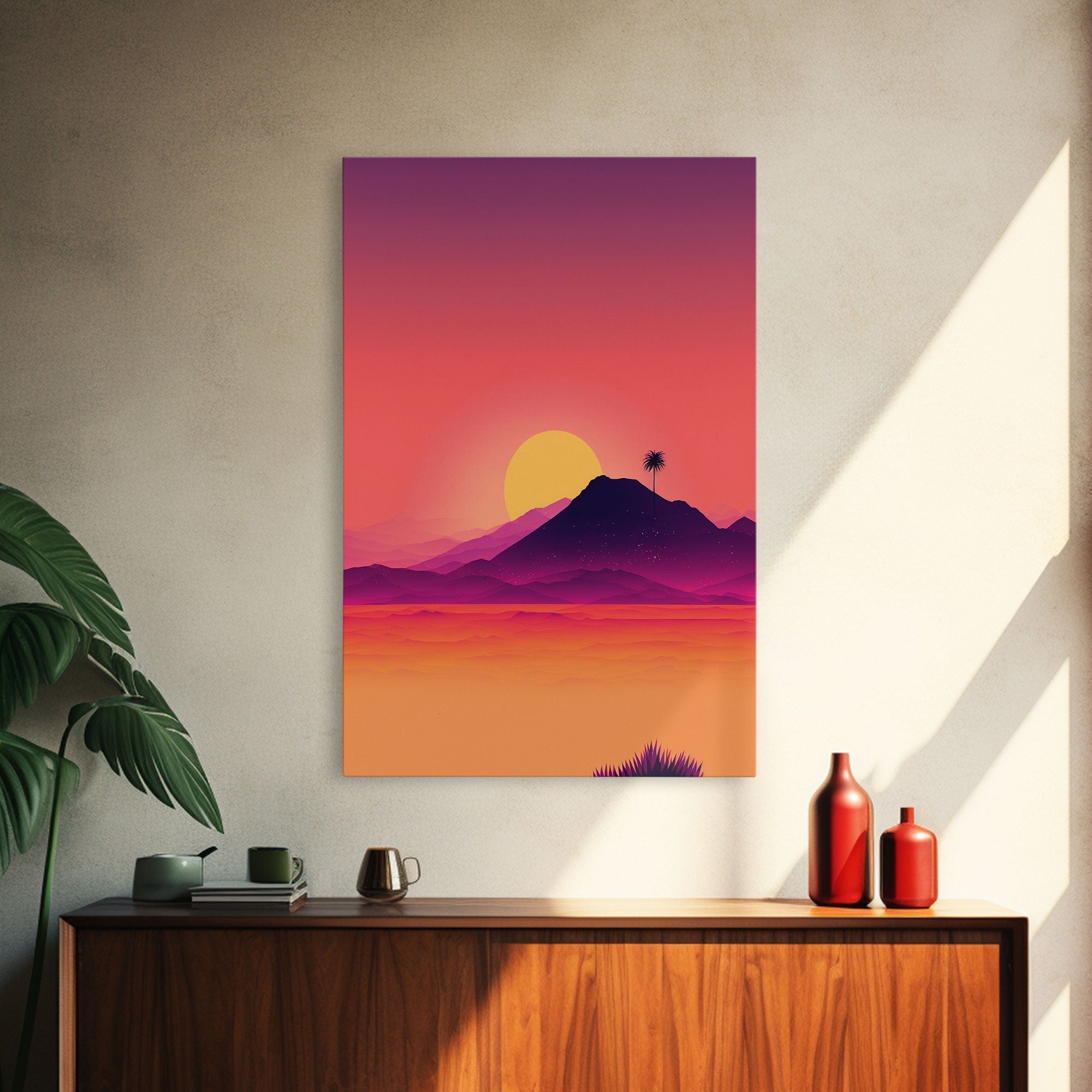 Outrun Style Desert Sunset, Framed Canvas Print, Retro Style 80s Vibe Wall Decor, Office Art, Game Room Decor, Living Room Gamer Art