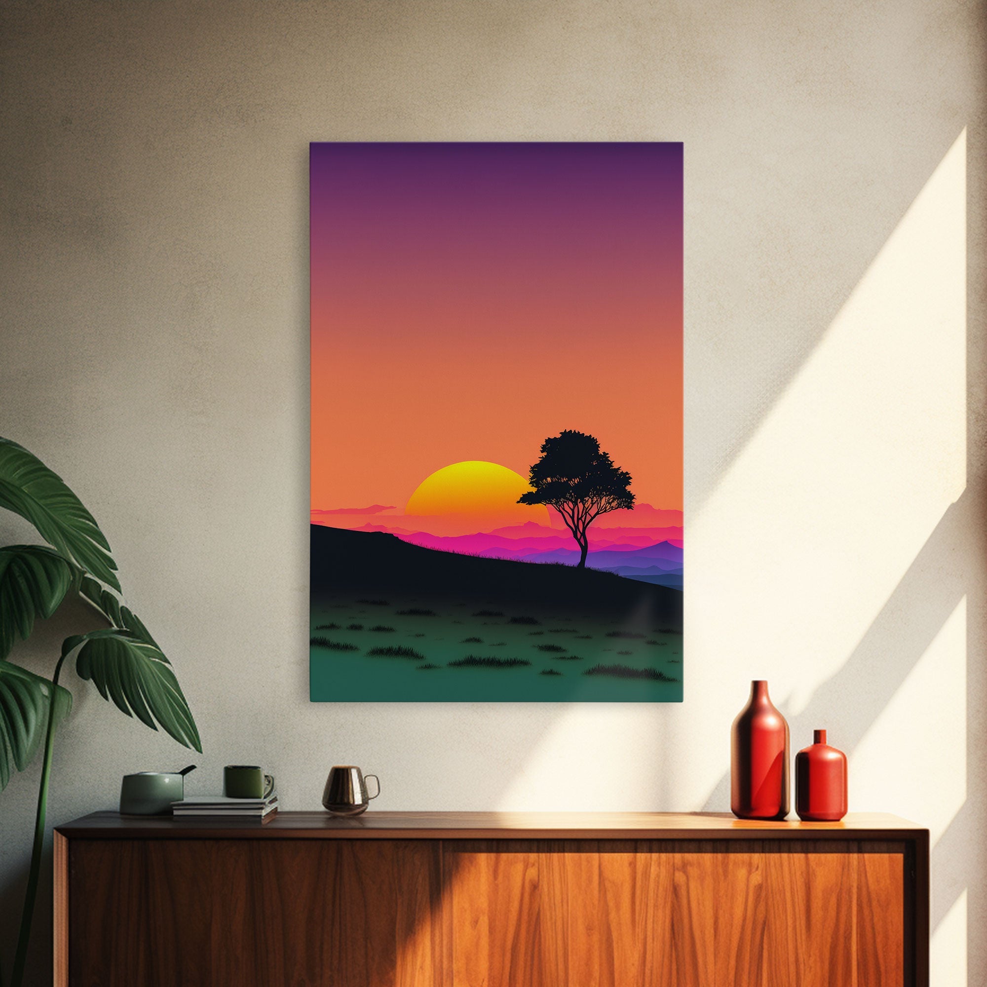 A Lone Tree in a Texas Field At Sunset, Retro Style MCM Art, Framed Canvas Print, Trendy Wall Prints, Landscape and Sunset Outrun Art