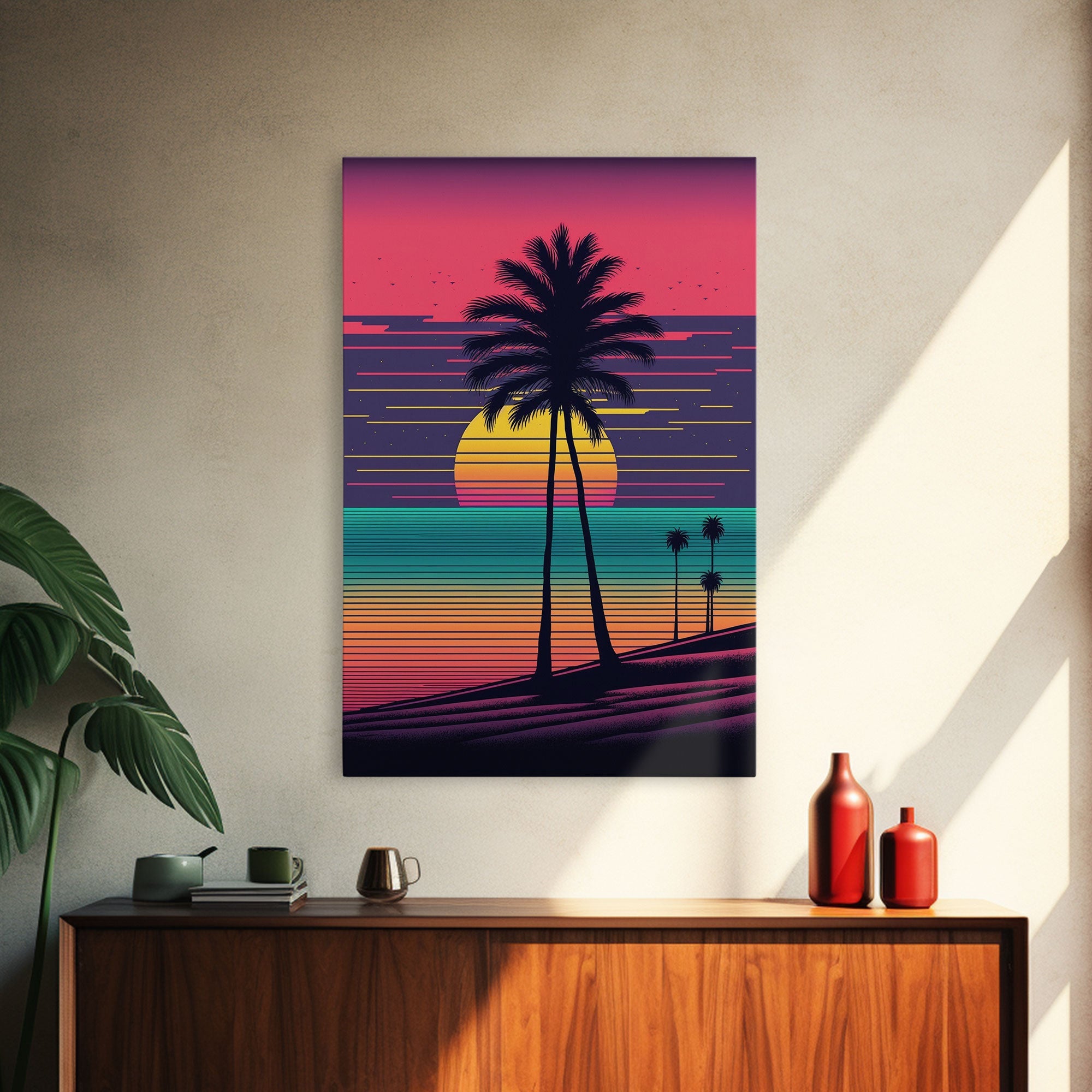 Synthwave Sunset, Retro Office Art, 80s Vibes, Framed Canvas Print, Framed Art, Trendy Wall Hanging