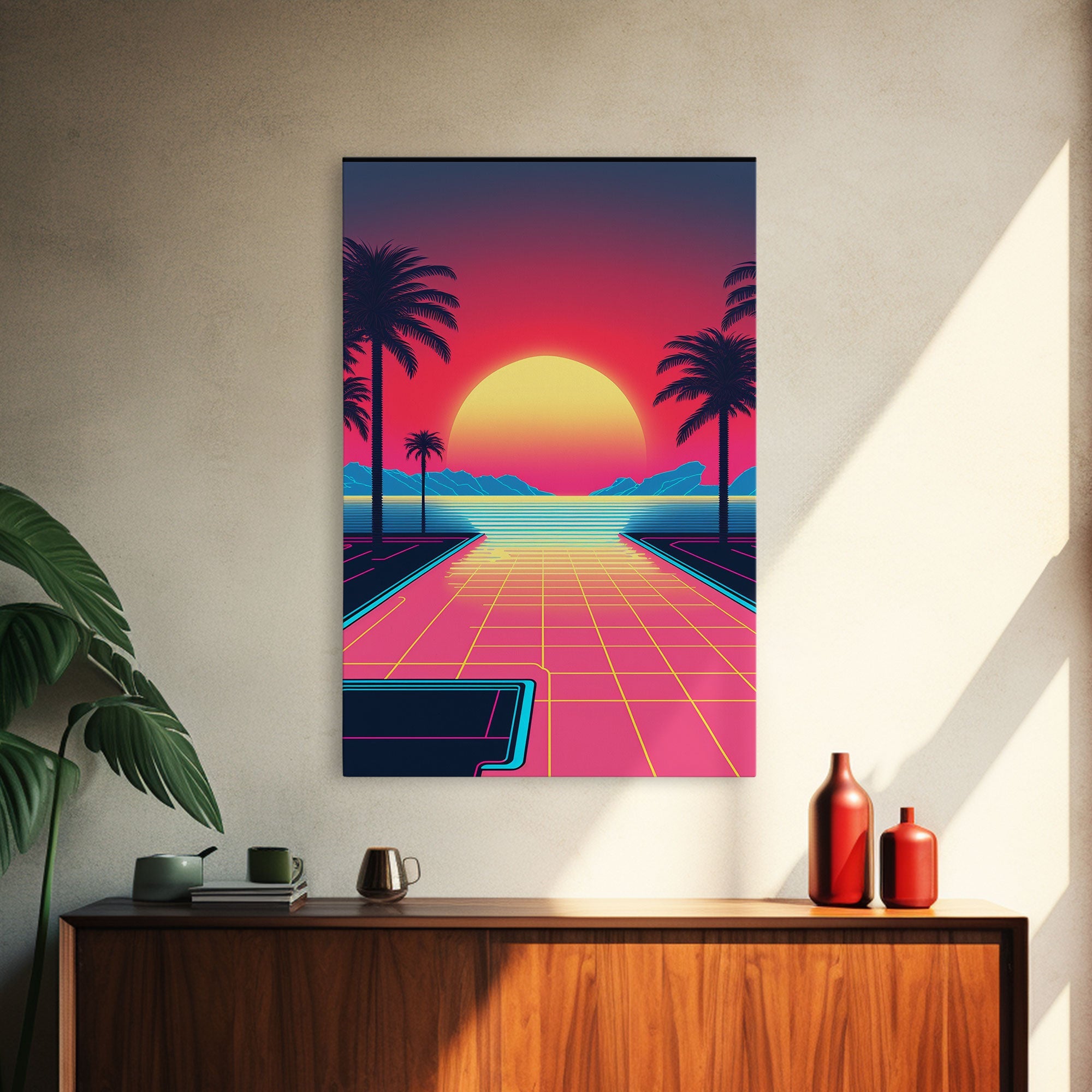 Retro Synthwave Sunset Canvas Print w/ Infinite Pool & Palm Trees | Framed Wall Decor | Framed Canvas Prints | Living Room Decor