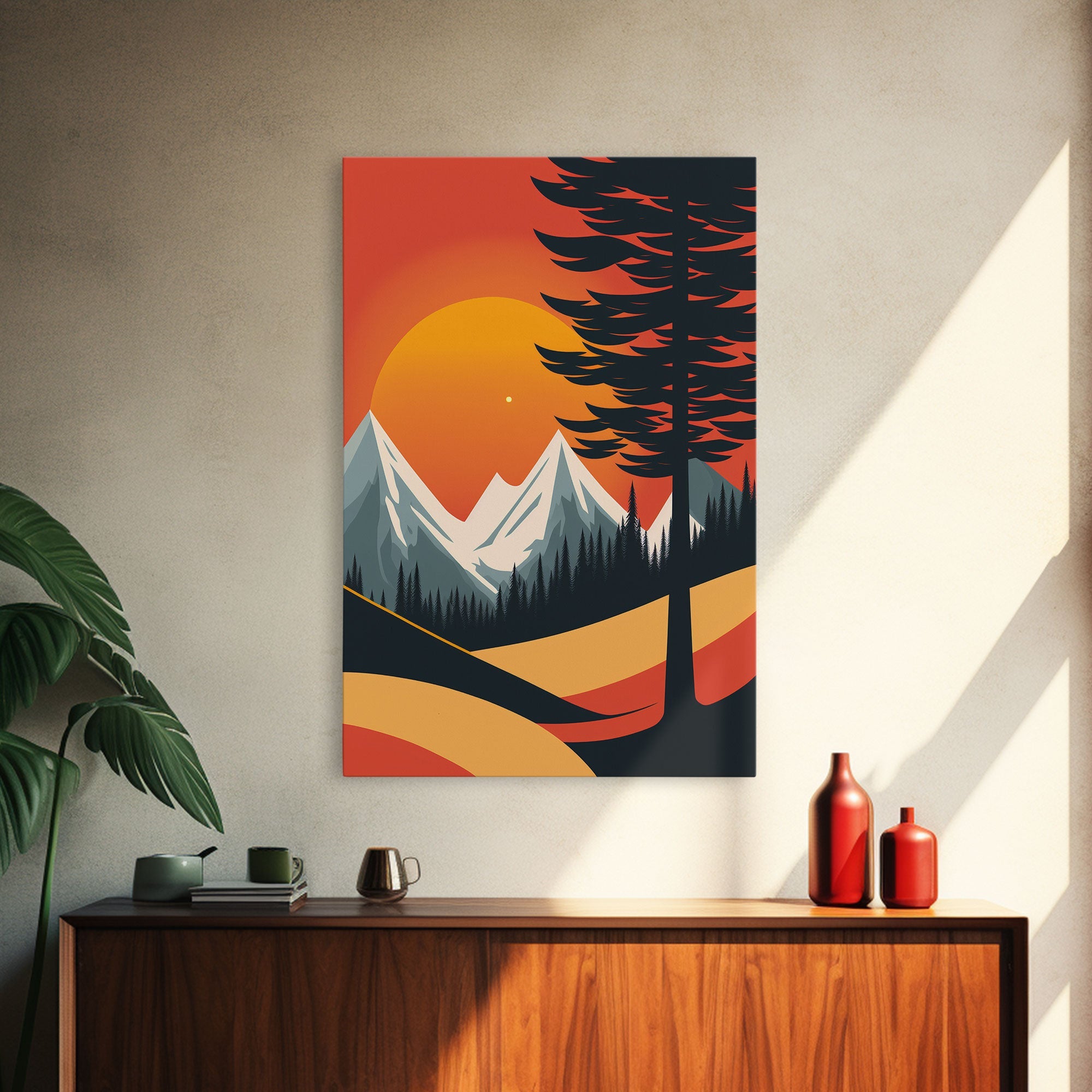 Retro Landscape Art, Sunset Over The Mountains, Framed Canvas Print, Minimalist Pop Art, Above Sofa Living Room Art, Entryway Art