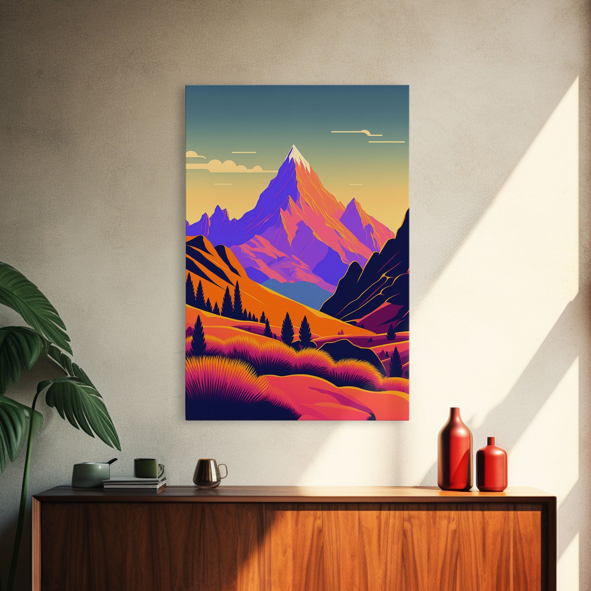Retro Purple Midcentury Style Wall Art, Framed Canvas Print, Colorful Wall Art, Mountain Landscape, Office Decor, Low Res Art