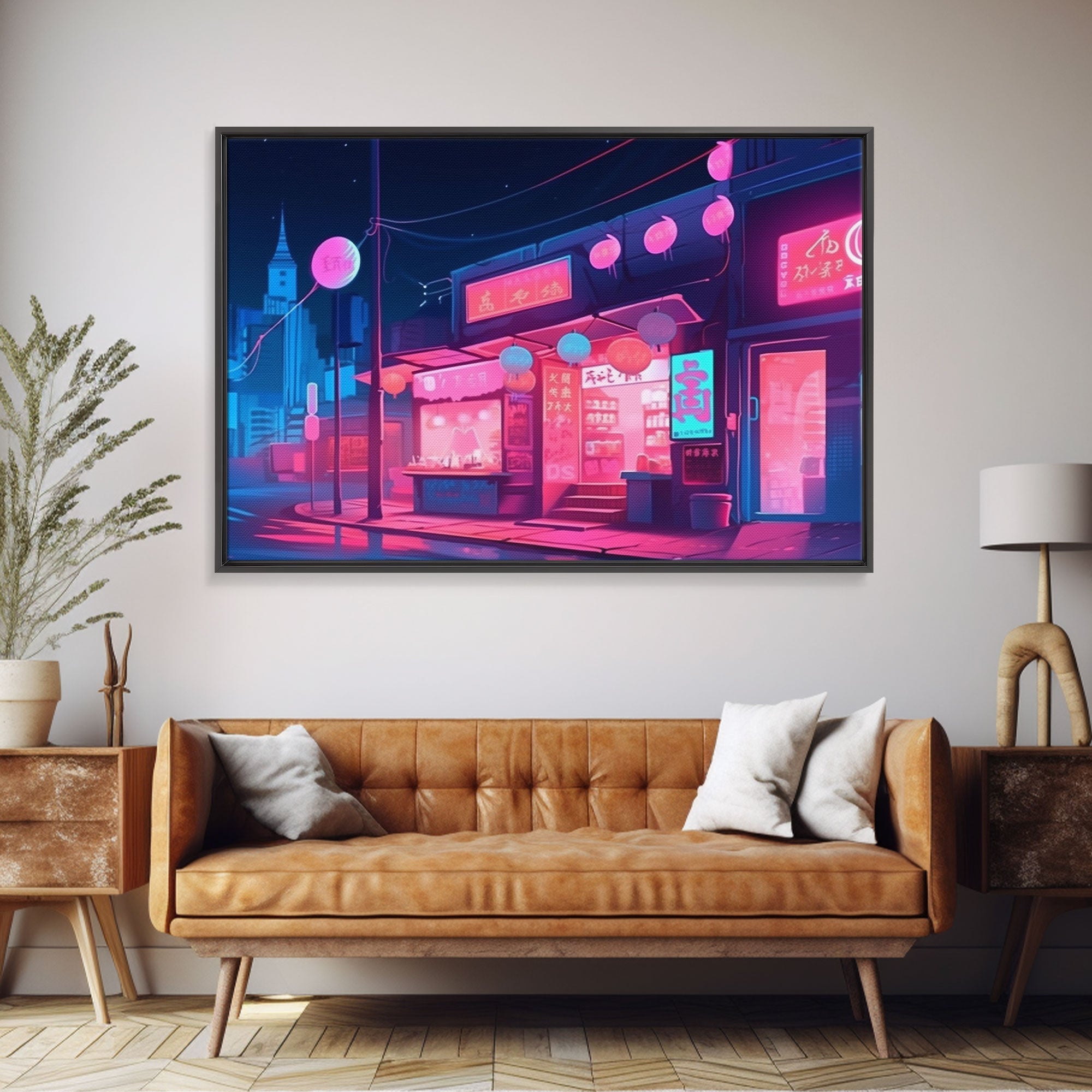 Retro Synthwave Style Tokyo Art, Framed Canvas Print, Unique Wall Art, Vintage Inspired Tokyo Night Life Art