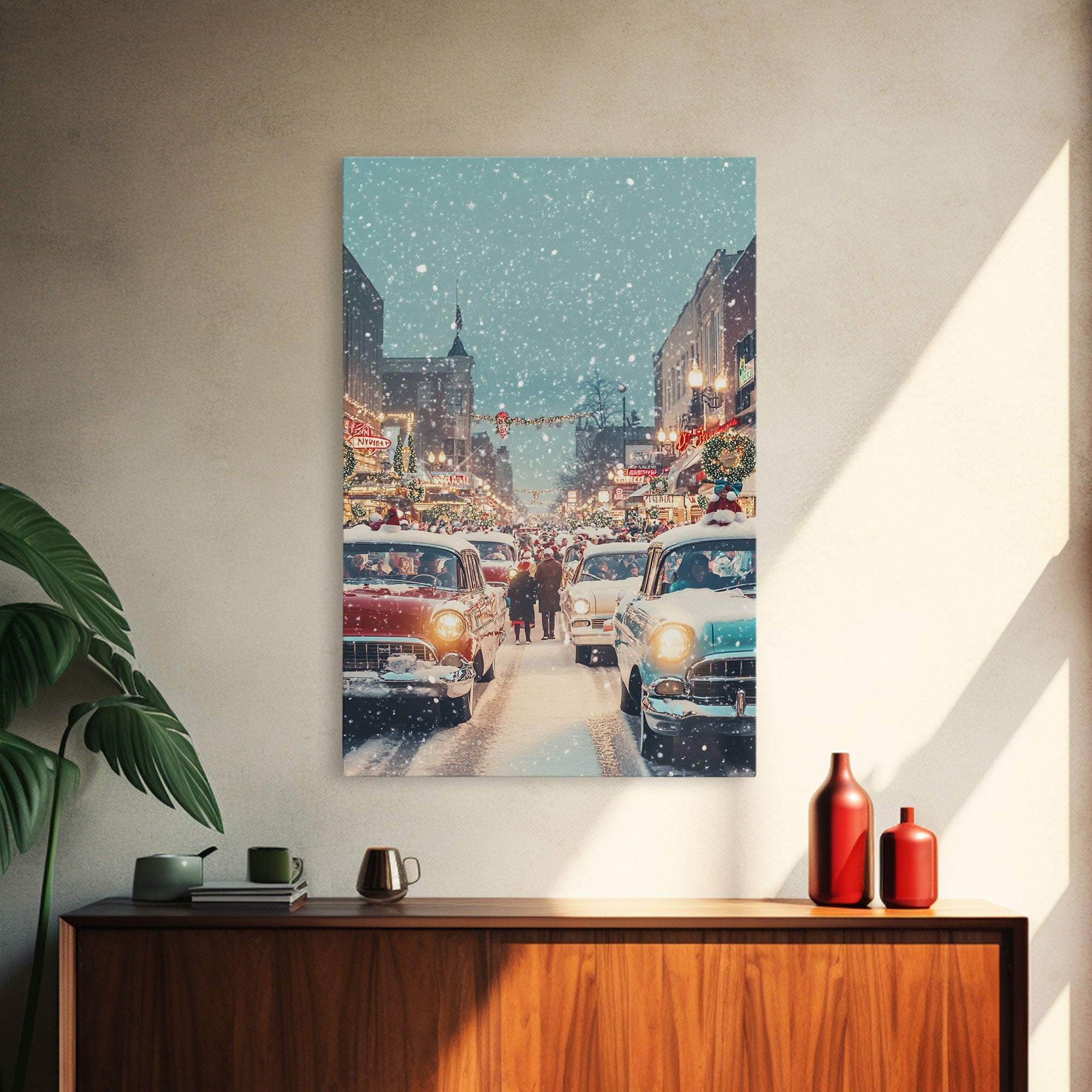 Retro Christmas Parade on Snowy Main Street with Classic Cars and Holiday Decorations, Framed Canvas Print for Christmas Wall Decor