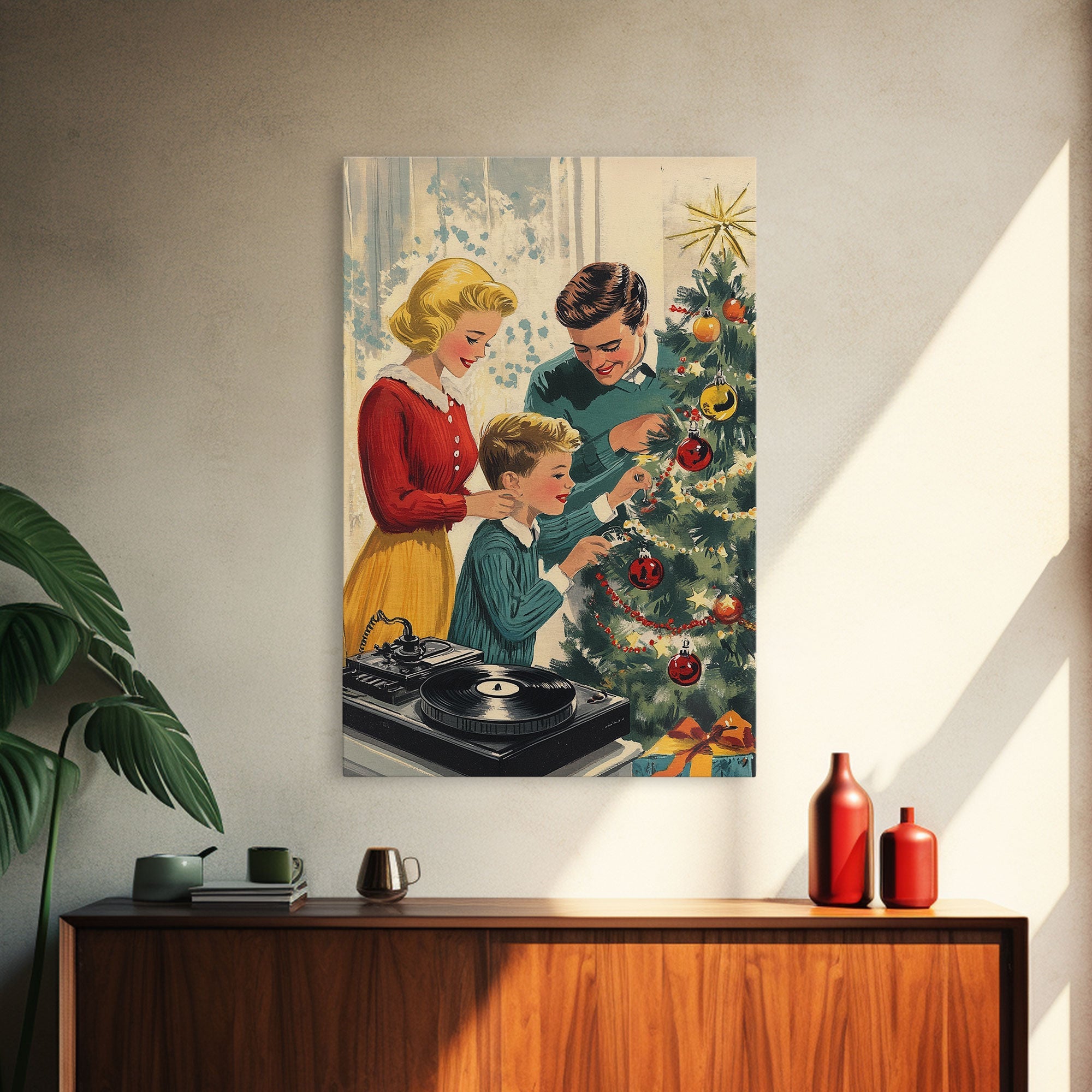 Mid-Century Family Christmas Celebration with Turntable and Christmas Tree, Retro Holiday Wall Art, Framed Canvas Print