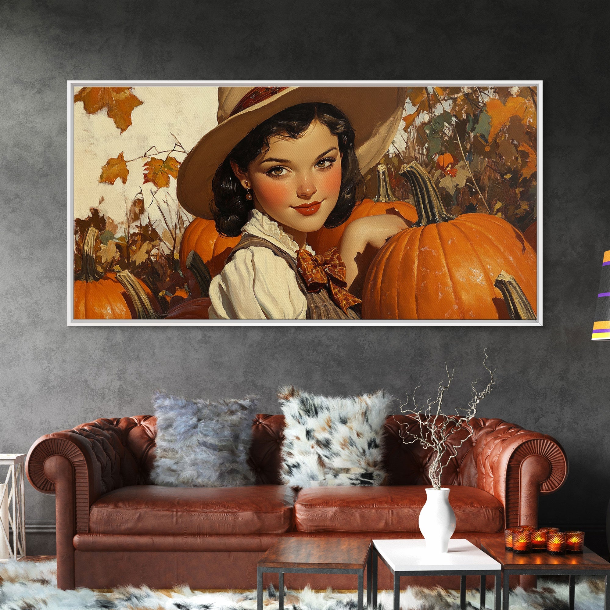 Cowgirl In A Pumpkin Patch, Framed Canvas Print, Retro Style Fall or Thanksgiving Wall Art, Farmhouse Decor, Christmas Wall Decor Gift