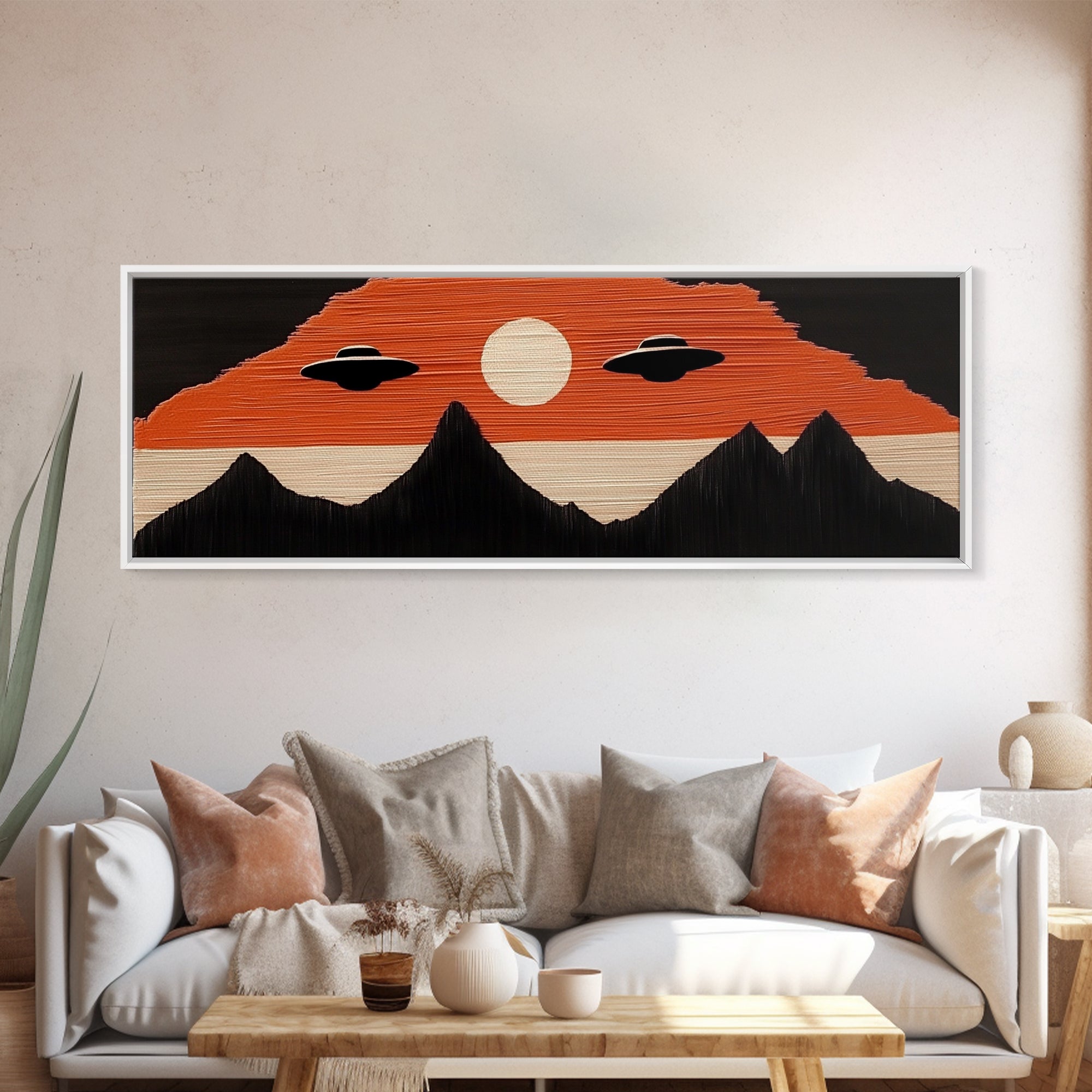 Flying Saucers over The Mountains - Retro Art Deco Inspired Scifi Art - Panoramic Print - Cute Nursery Decor