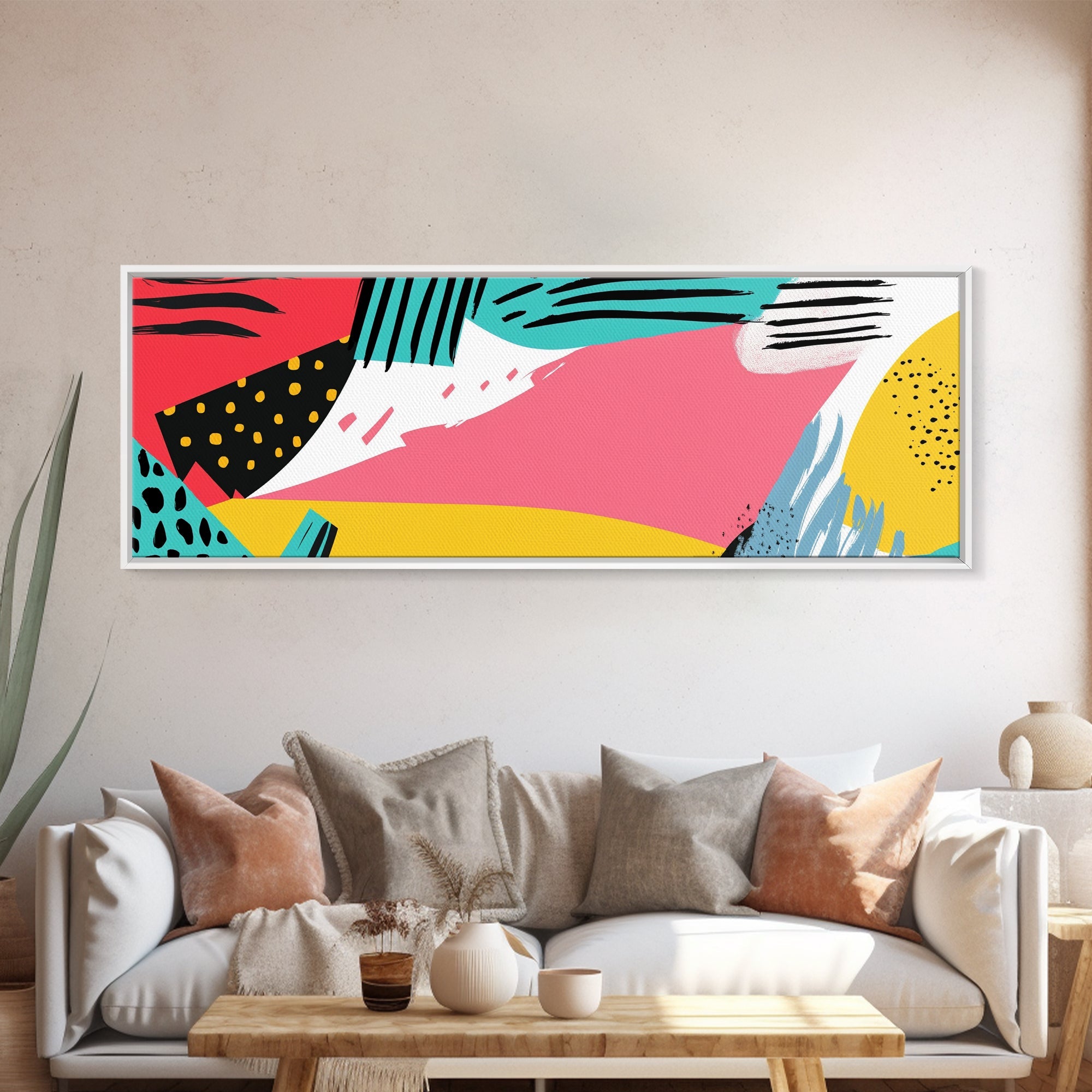 90s Inspired Abstract Retro Wall Art, Canvas Print, Cheetah Print Polka Dots, Geometric Wall Art, Pink and Turquoise and Black Wall Art