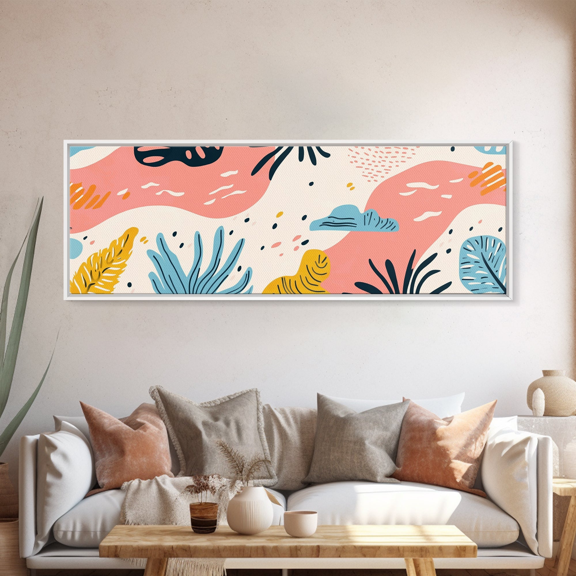 Retro Art From the 90s, Framed Canvas Print, High School Art, Abstract Extra Wide Panoramic Painting, Retro Vibes Home Decor