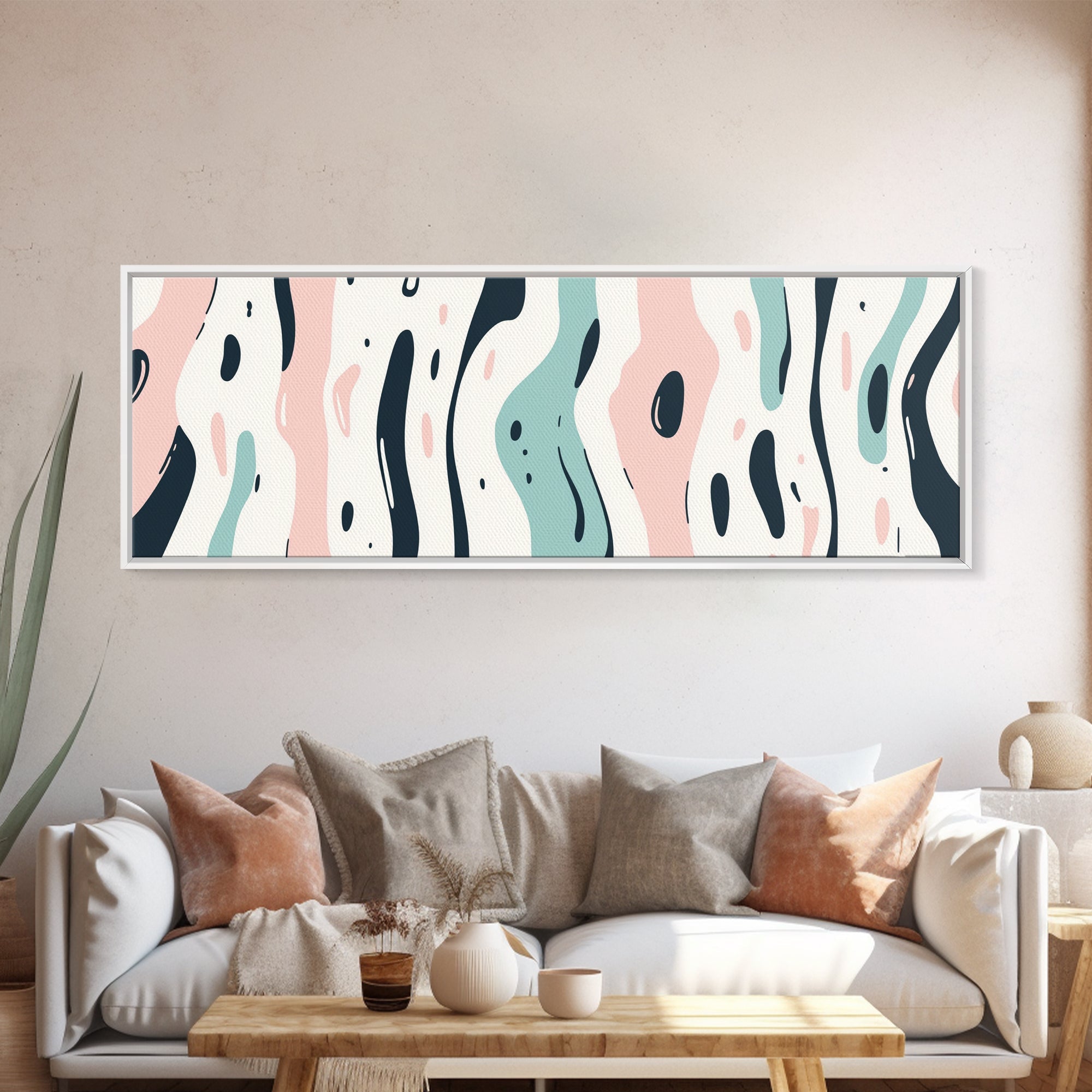 Retro Pink and Turquoise Animal Print Abstract Art, Framed Canvas Print, Wood Framed Extra Large Panoramic Art, 20x60 Art, 24x72 Art