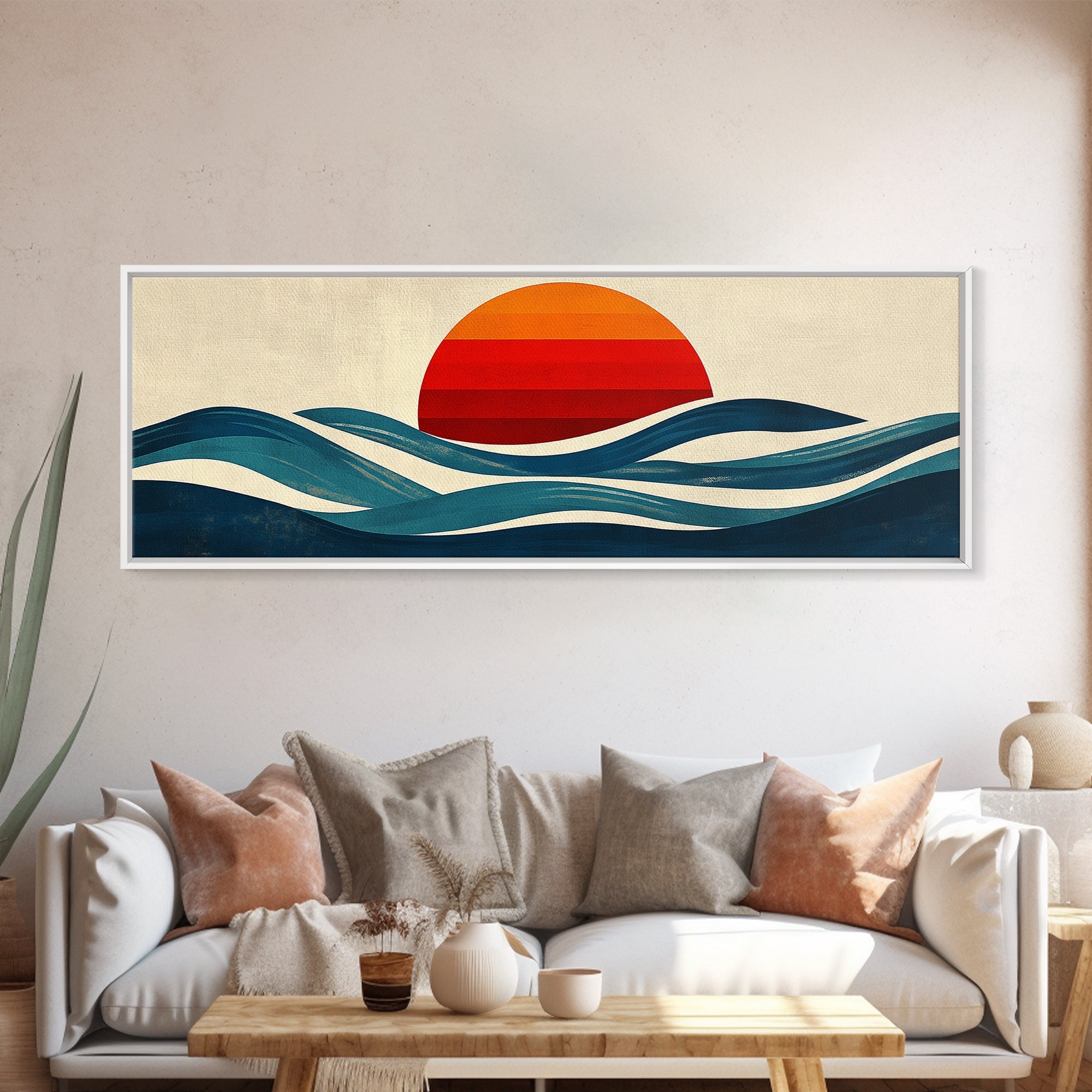 Retro Art Deco Sunset over The Ocean, Framed Canvas Print, Vector Image Style Artwork, Wood Frame, Boho / Eclectic Home Decor, Minimalist Decor