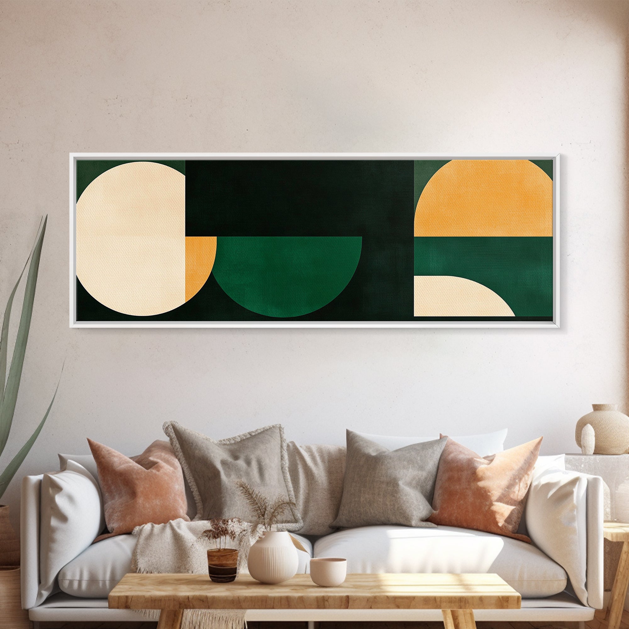 Squares and Circles, Geometric Pattern MCM Wall Art, Panoramic Framed Canvas Print, Wide and Narrow Art, Above Sofa living Room Wall Art