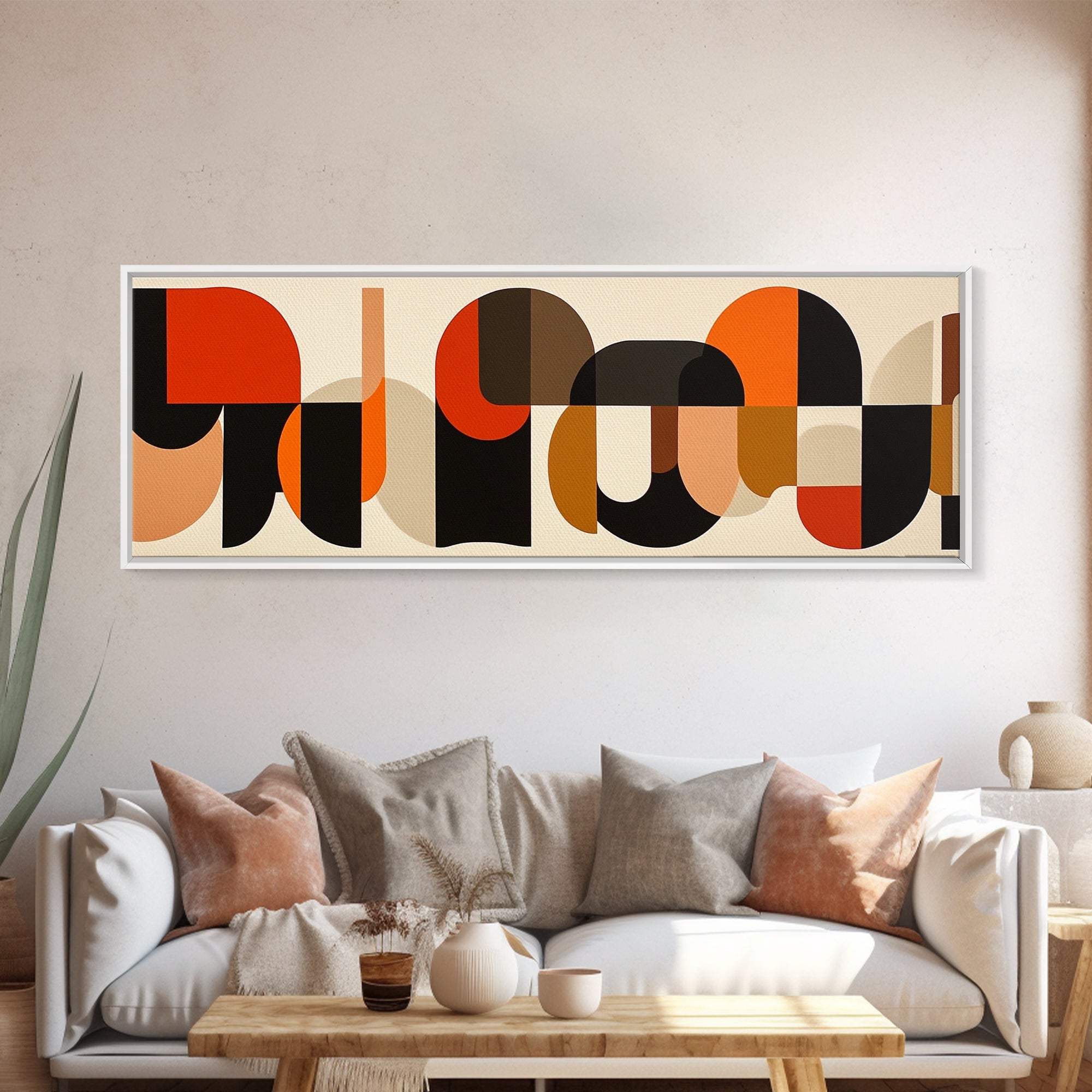 Mid-century Modern Wall Art, Framed Panoramic Art, Earth Tones, Subdued Artwork, Geometric Patterns, Above Couch or Sofa Art
