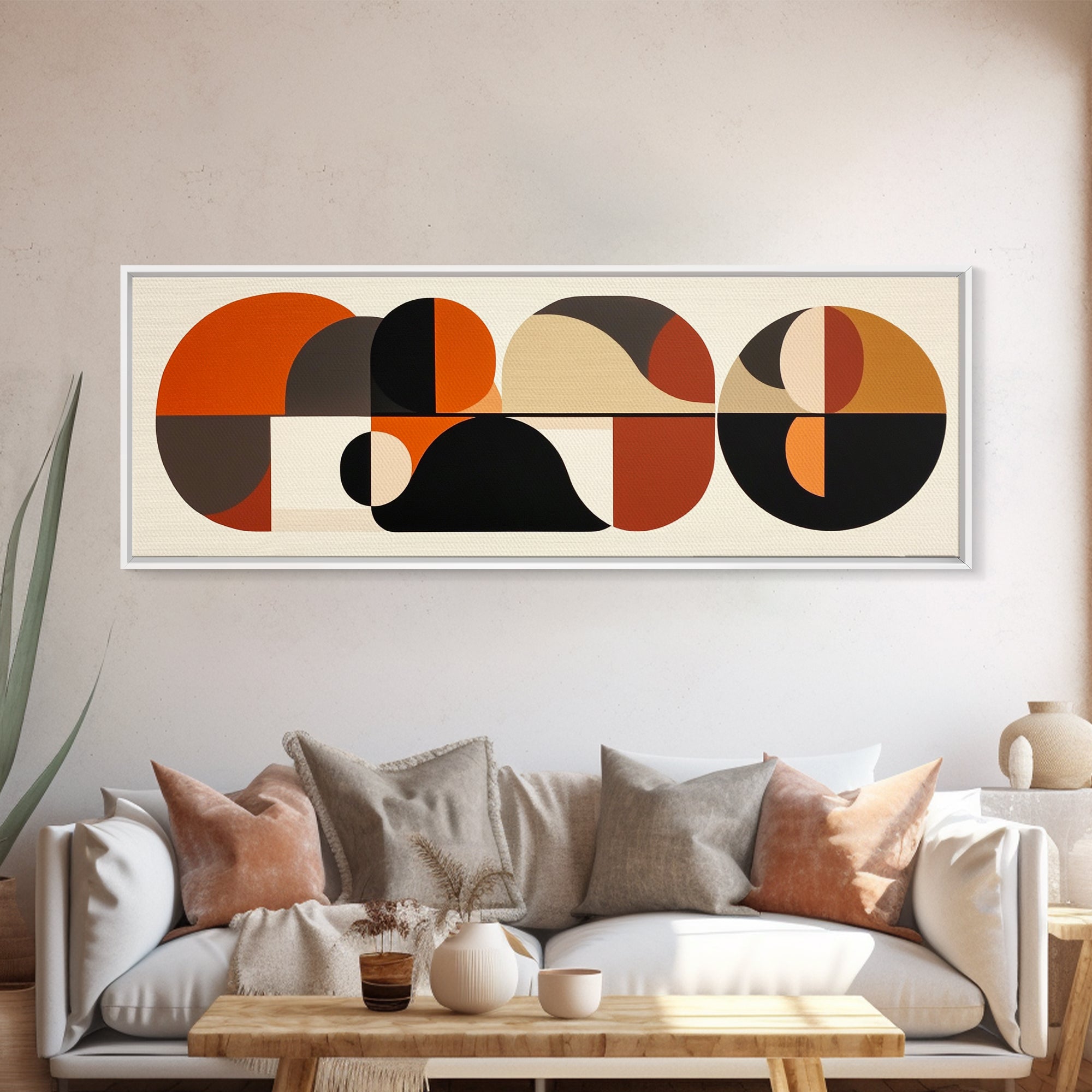 Earthy Tones MCM Style Panoramic Print, Geometric Shapes, Abstract Wall Art, Extra Wide Oversized Art