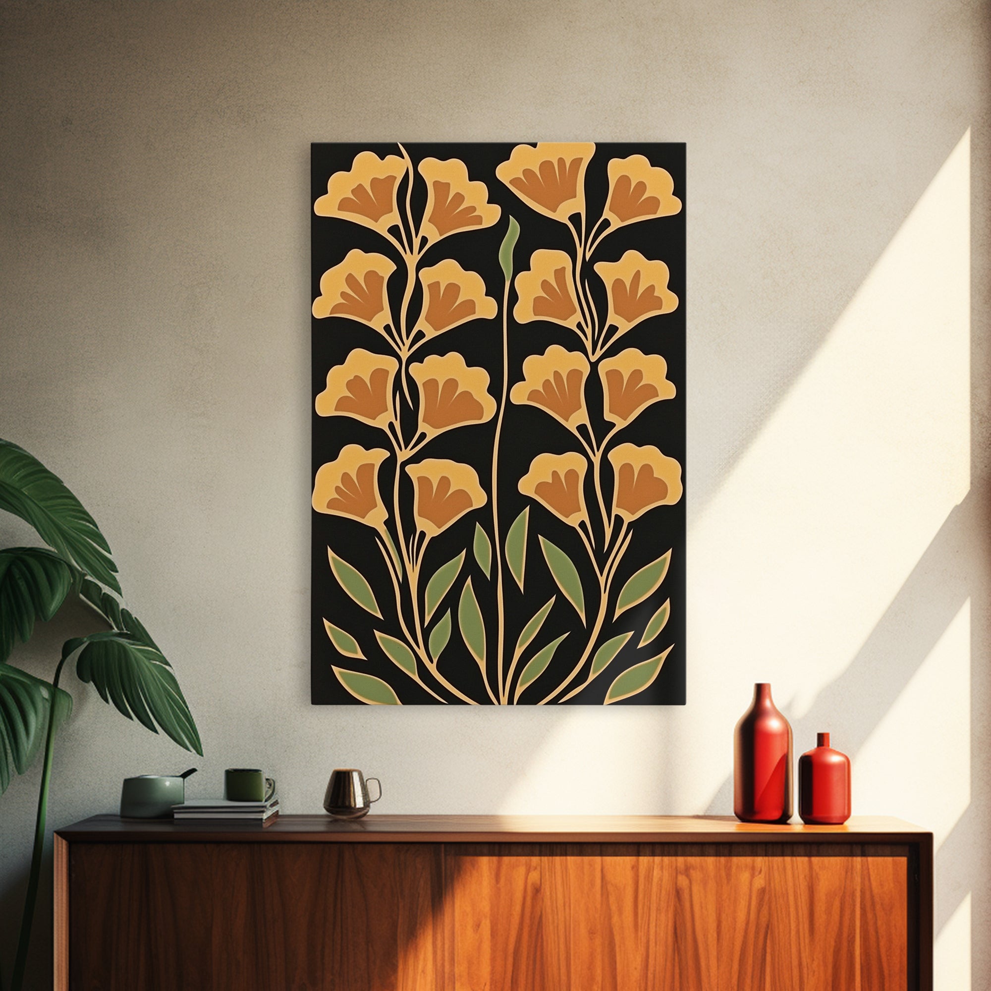 Abstract Flower Retro Painting Canvas Print, Large Wall Art, Original Minimalist Yellow Floral Art, Custom Painting Boho Wall Decor Living Room