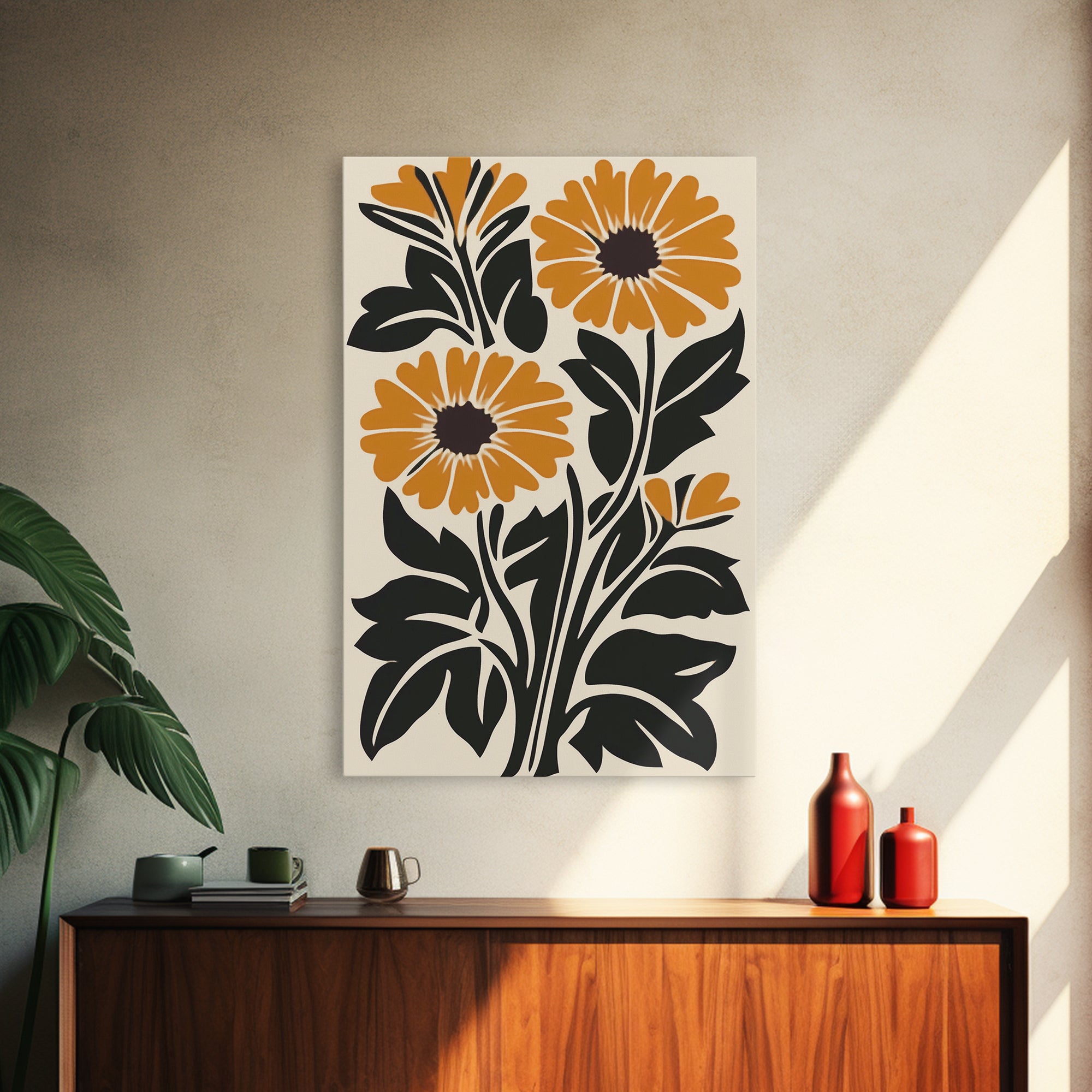 Midcentury Modern Boho Flowers Bouqet Wall Art Canvas Print, MCM Wall Art, Retro Style Abstract Art, Orange Flowers on White Background