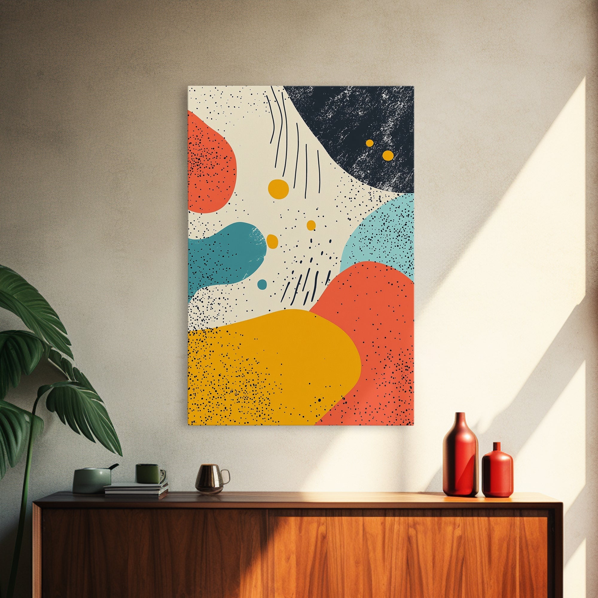 Framed Canvas Print, Retro 90s Style Wall Art, Orange, Turquoise and White Art, Modern Wall Art, Mid-Century Art