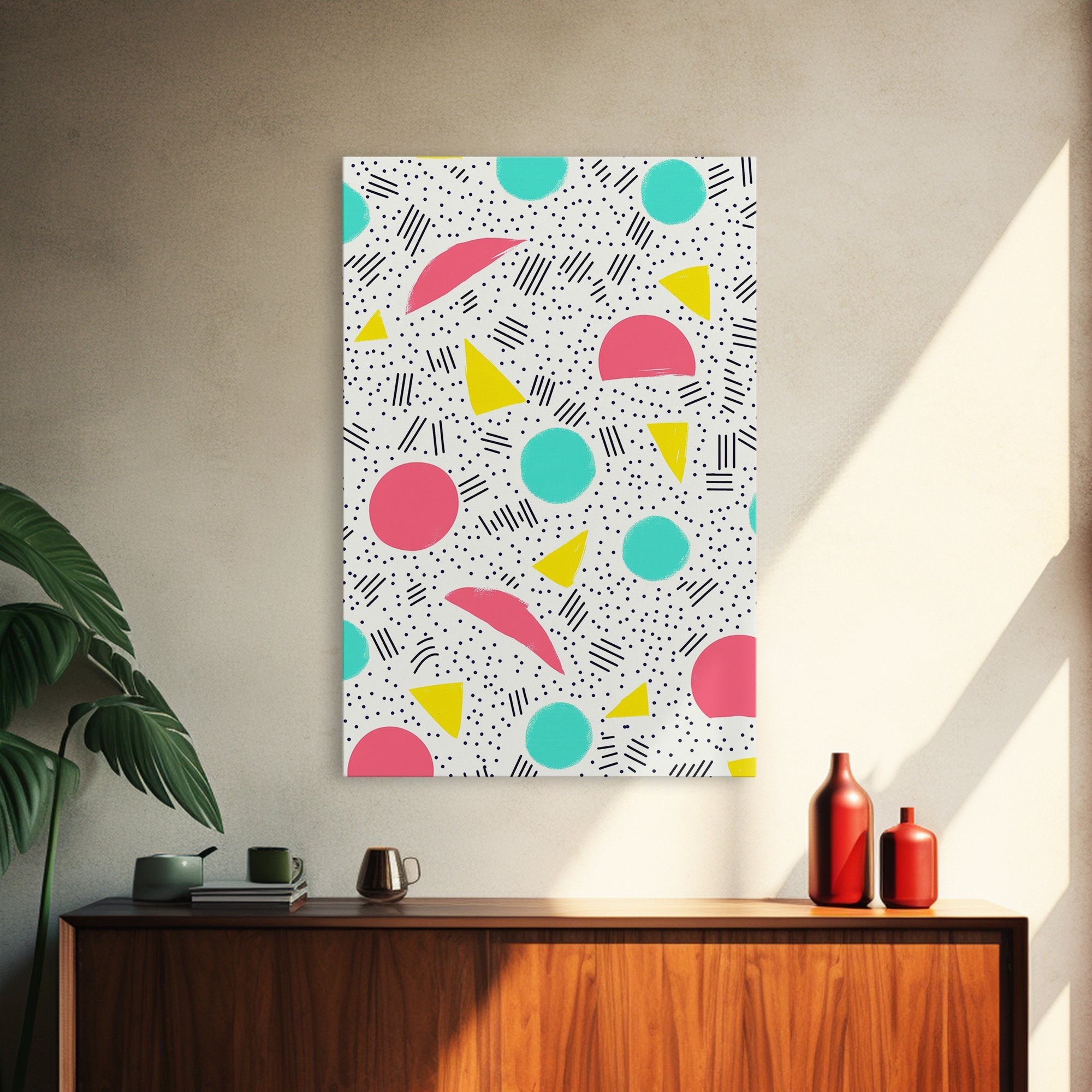Retro Style Preppy Wall Art Framed Canvas Print, 90s Style Shopping Mall Style Abstract Art