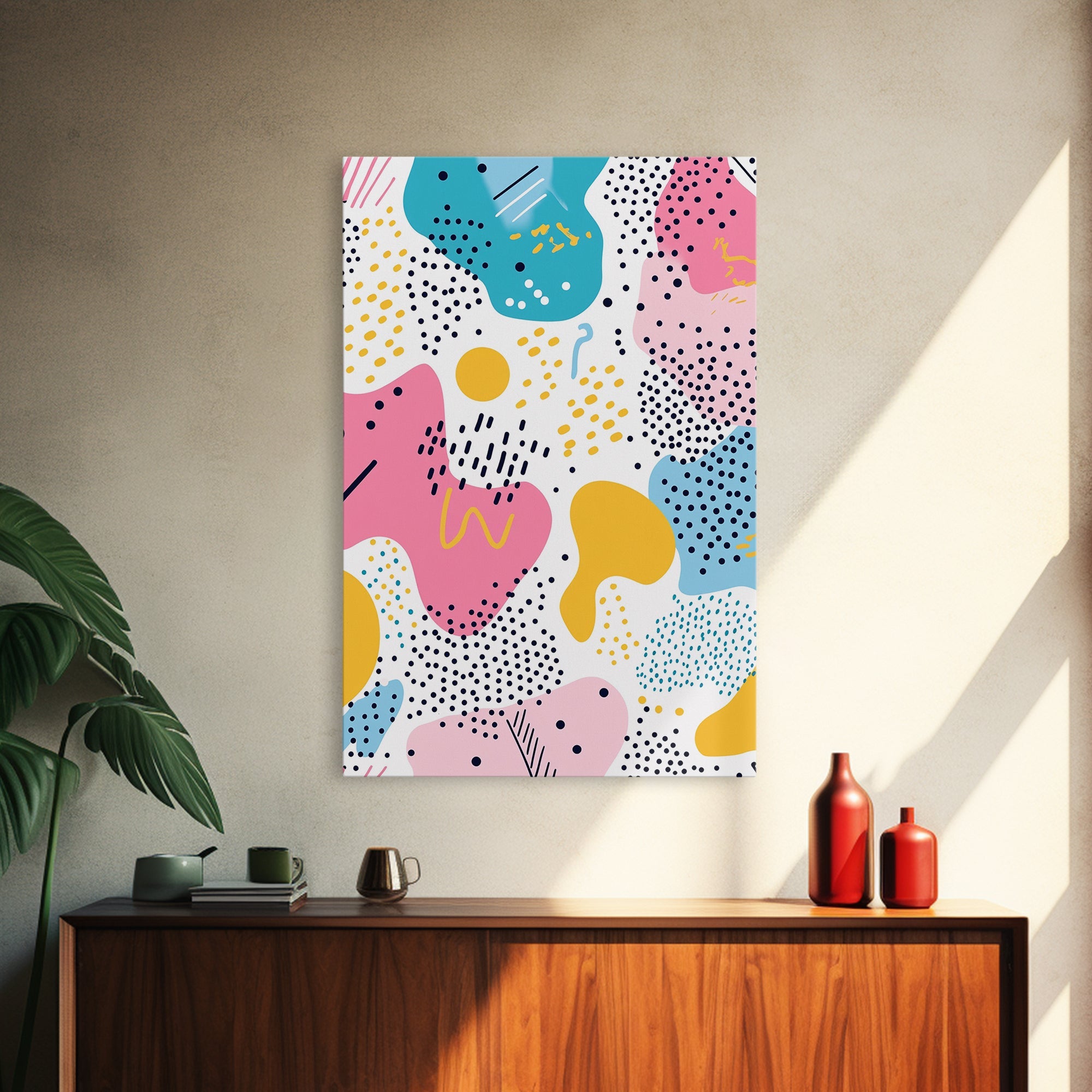 Retro 90s Style Wall Art, Framed Canvas Print, Abstract Shapes and Dots