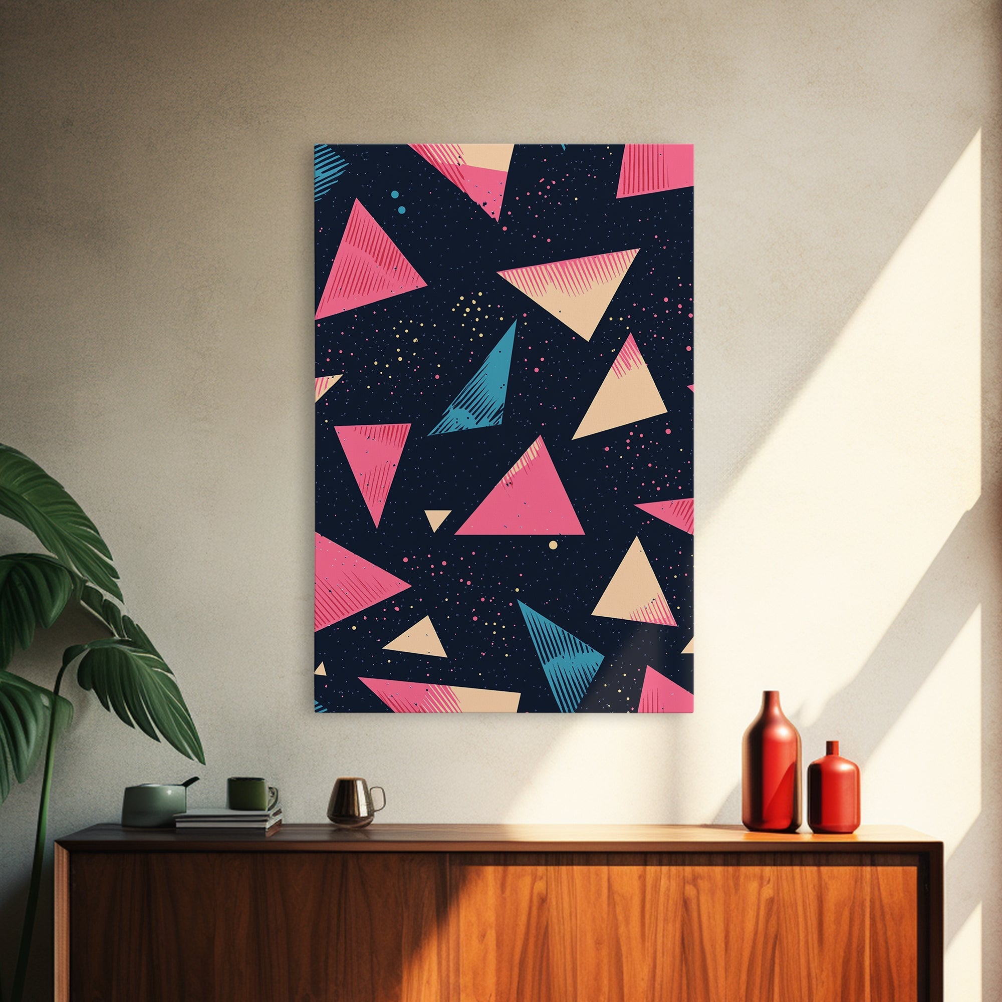 Retro 90s Style Wall Art Framed Canvas Print, Synthwave Abstract Triangles