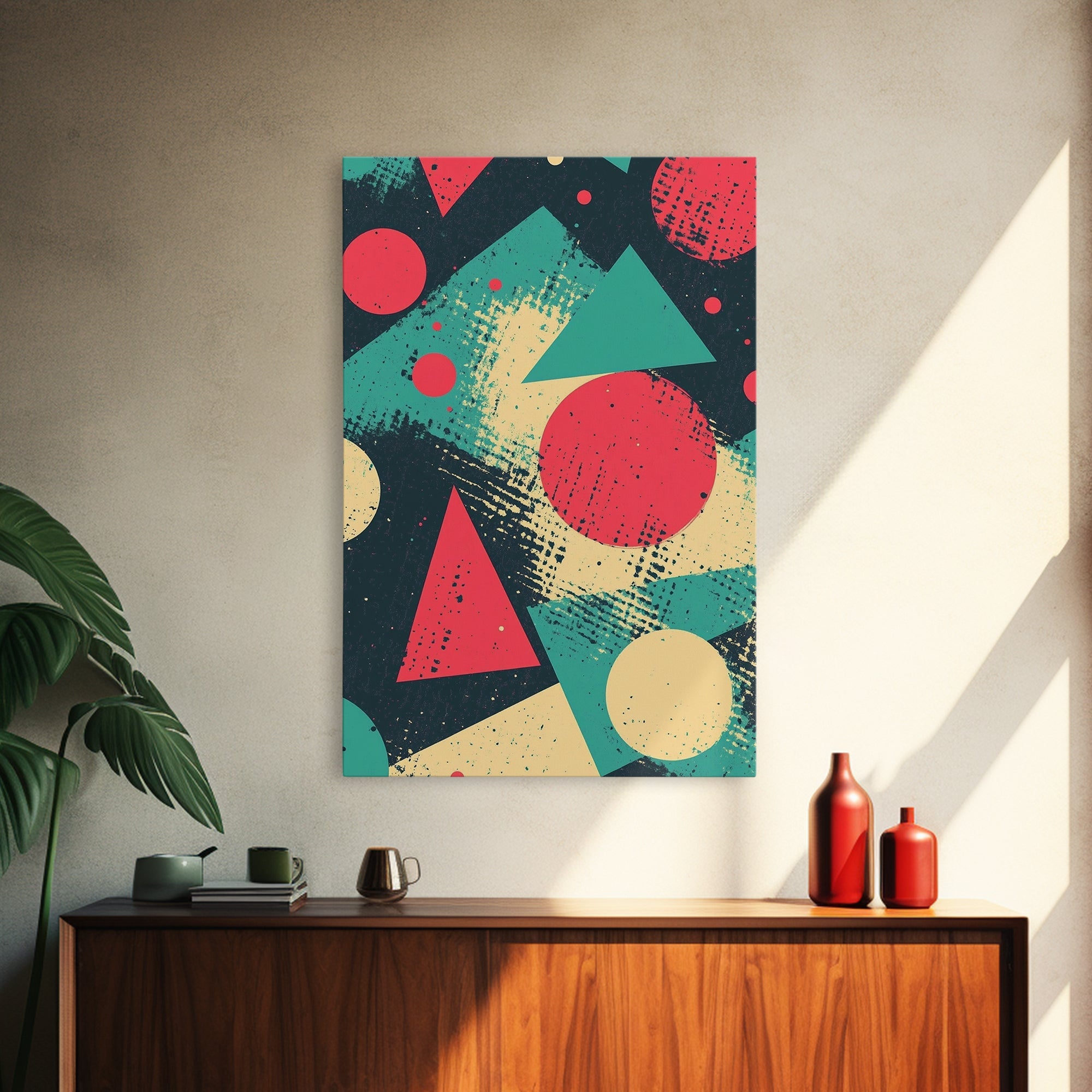Circles And Triangles, Canvas Print, Retro Abstract Art, Midcentury Modern Style Home Decor, Turquoise Red and Black Wall Art