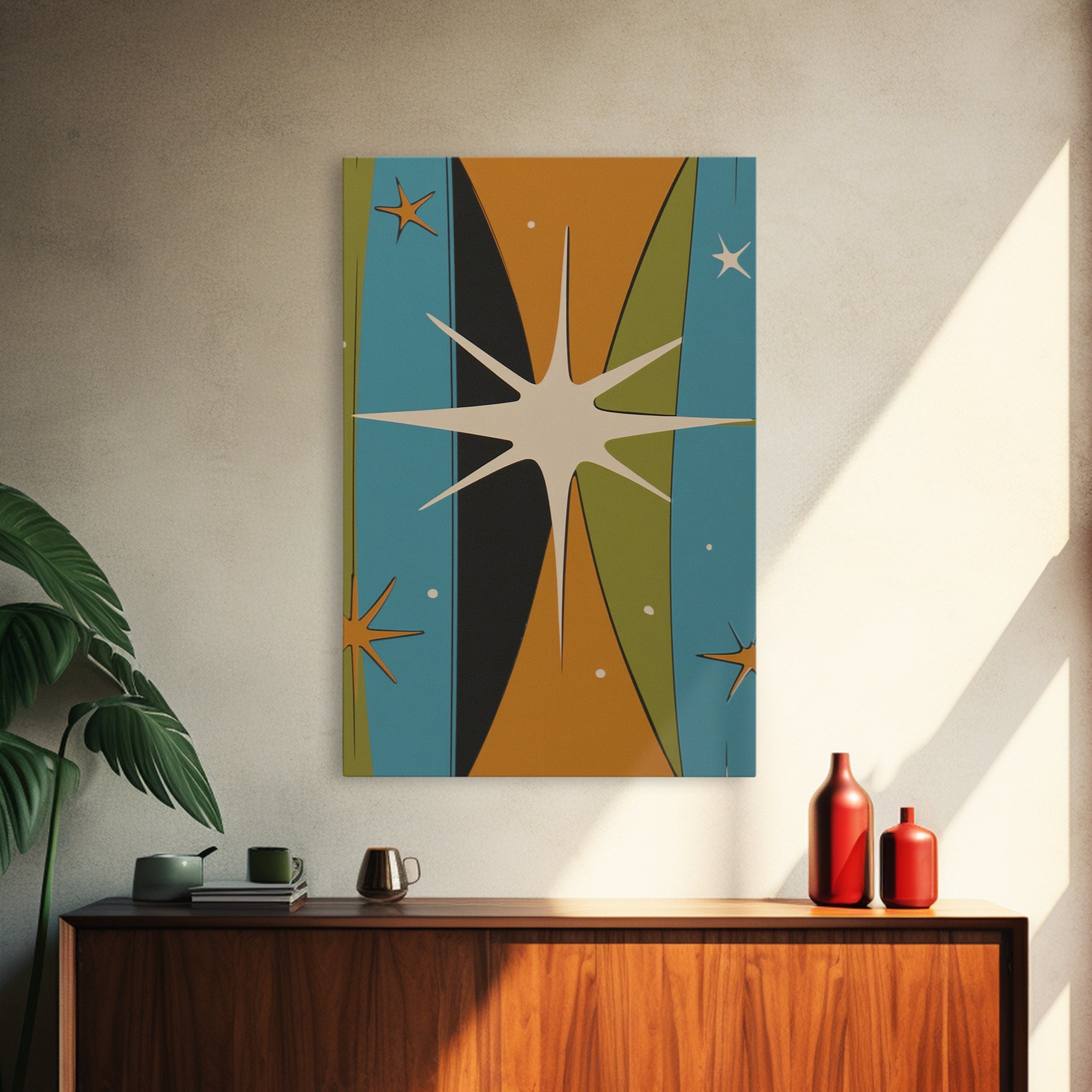 Atomic Age 1950s Style Retro Starburst, Pastel Colors, Canvas Print, MCM Wall Art Home Decor