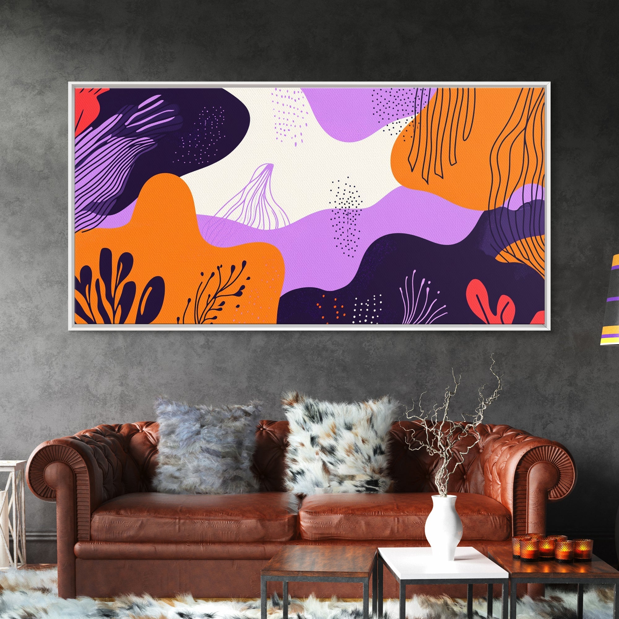 Purple And Orange Preppy Wall Art Framed Canvas Print, Retro 90s Style Wall Art