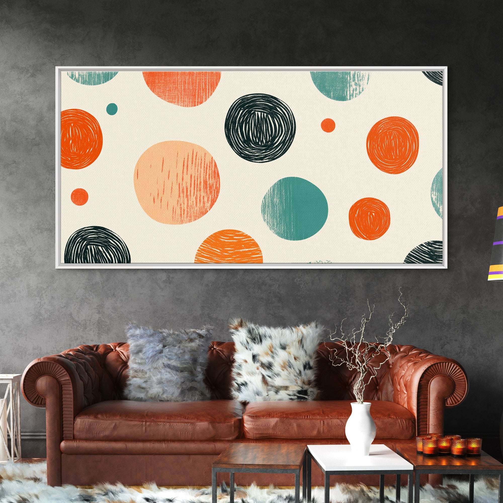Mid-Century Modern Dots Framed Canvas Print, Preppy Home Decor, Retro 90s Style Wall Art