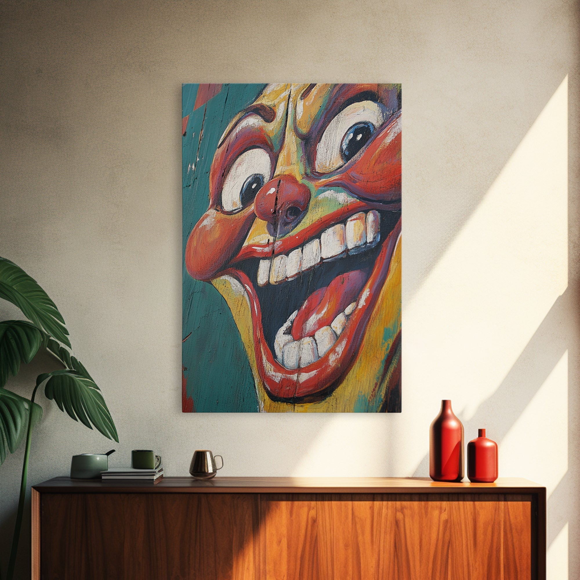 Creepy Clown Wall Art Framed Canvas Print, Wood Framed Wall Art, Retro Home Decor, Halloween Art