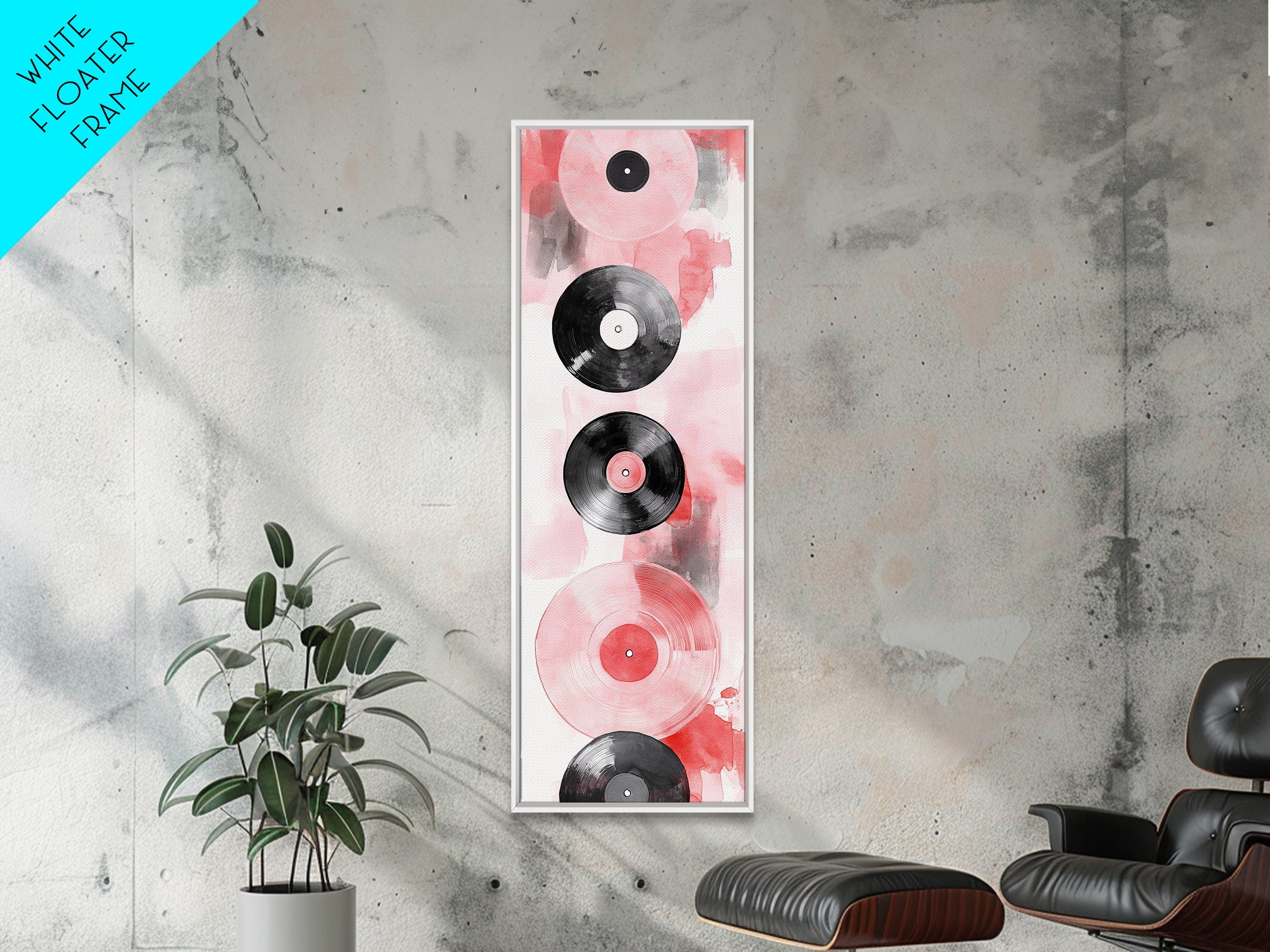 Abstract Vinyl Records Canvas Print, Retro Music Lover Wall Art, Light Pink Minimalist Art, Vertical Skinny Living Room Decor