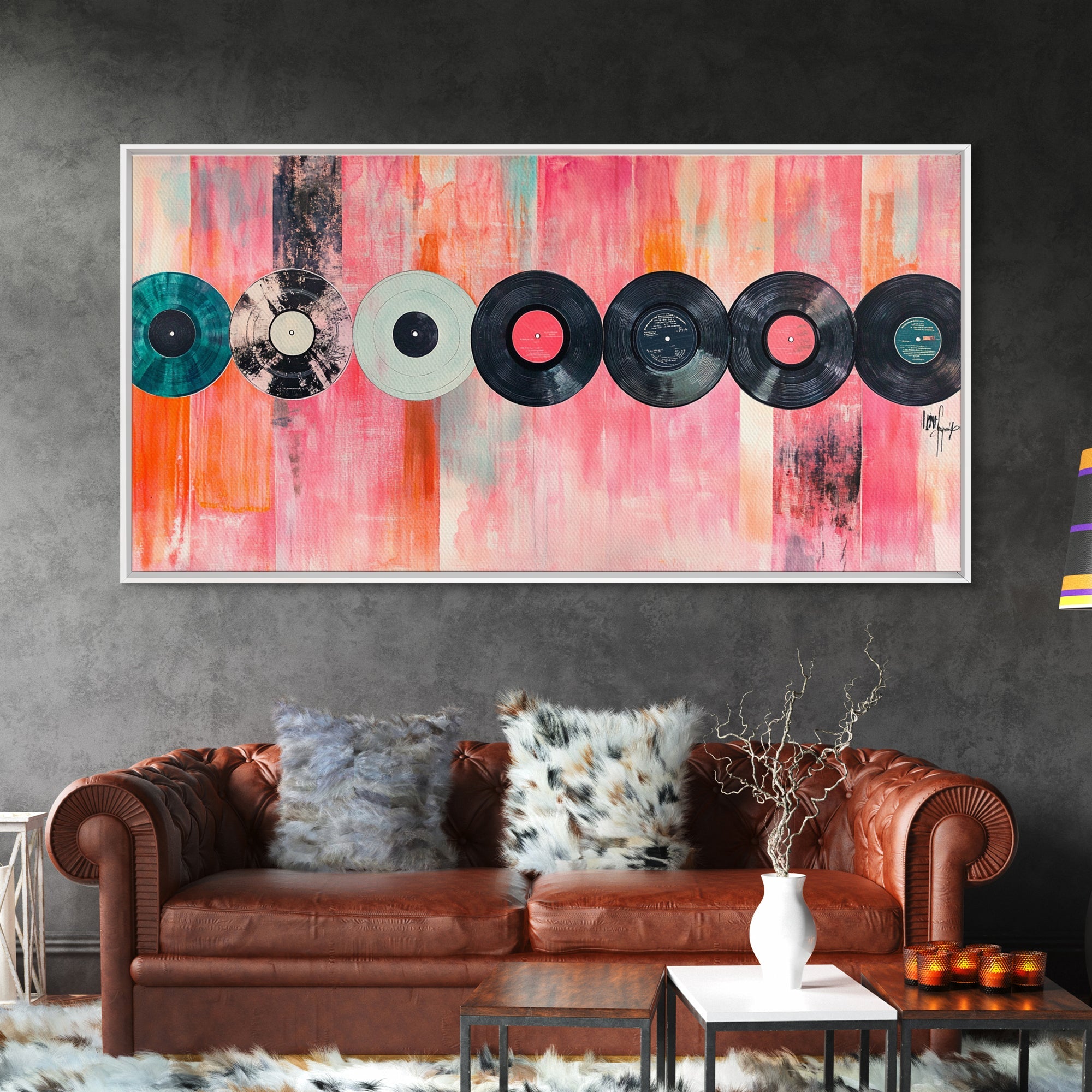 Vinyl Record Wall Art Framed Canvas Print, Pink Orange Abstract Music Art, Retro Living Room Art Minimalist Gift Idea Her