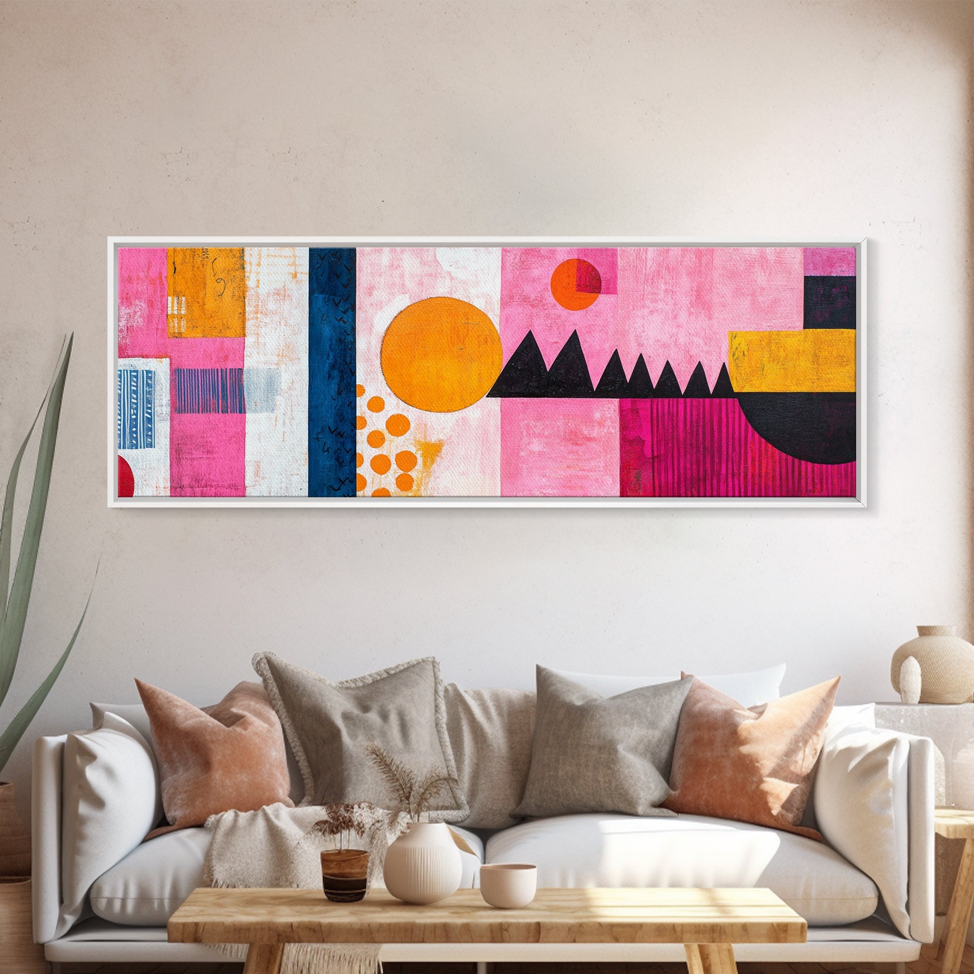 Modern Abstract Canvas Print Pink Orange Wall Art Geometric Whimsical Design Minimalist Art Above Sofa Extra Wide Unique Decor