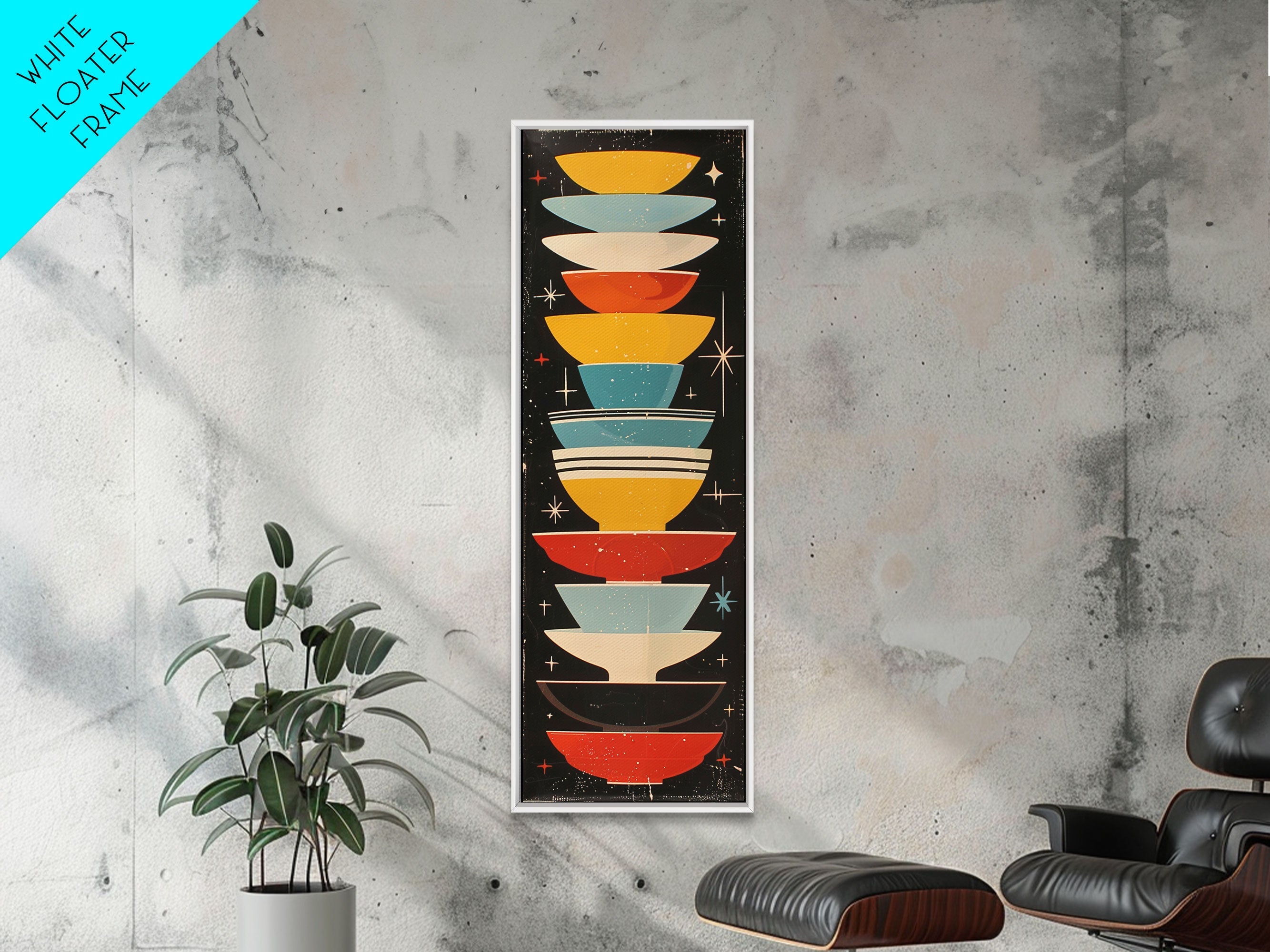 Retro Stacked Bowls Art in Midcentury Style - Framed Canvas Print, Skinny Tall Art for Living Room or Bedroom Decor