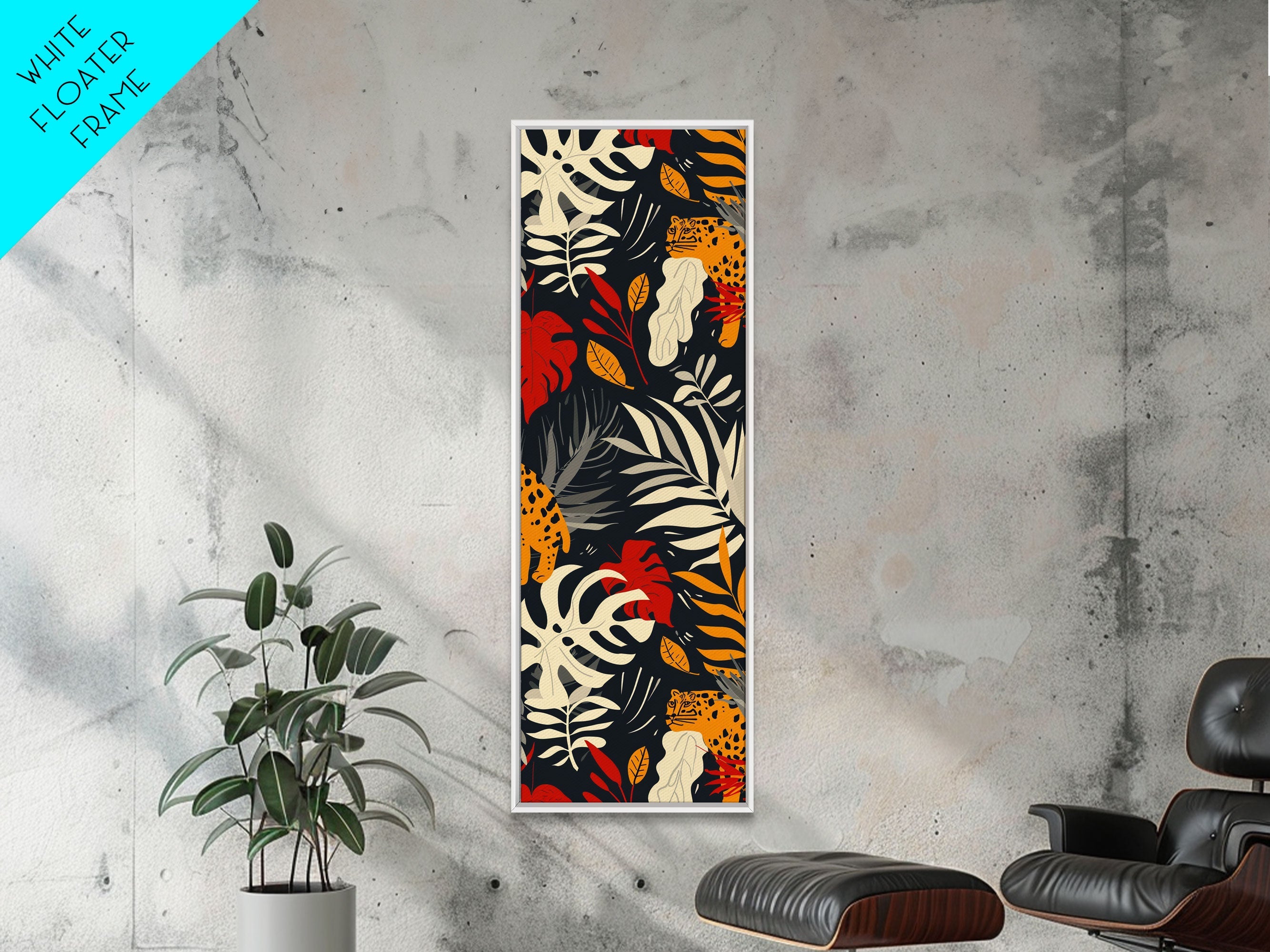 Jungle Foliage and Leopard Design on Black Background - Framed Canvas Print, Midcentury Modern Art, Skinny Art, Tall Art, Living Room Wall Decor, Boho Art