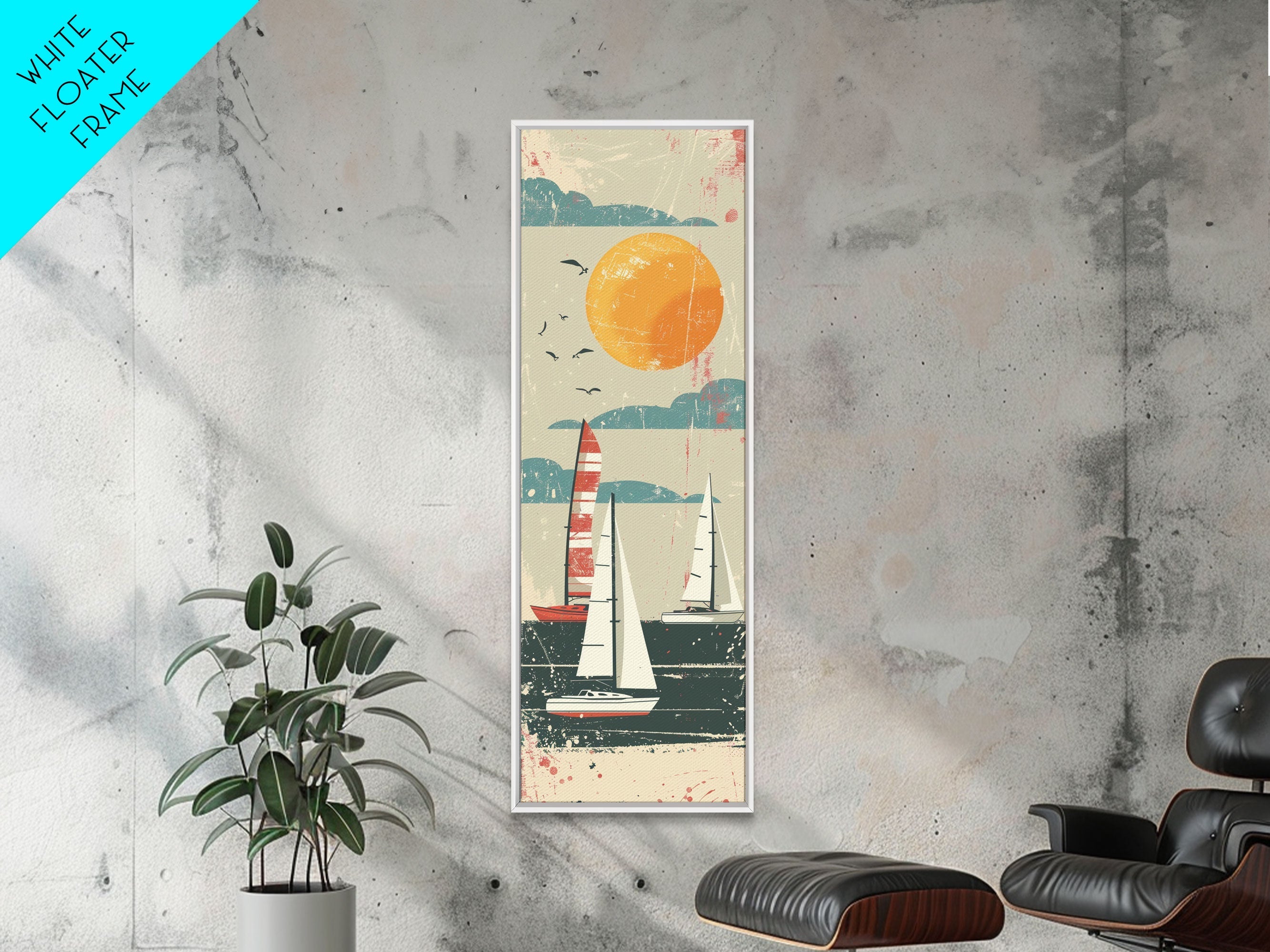 Sailboats Under the Sun, Retro Japanese Art Style Framed Canvas Print, Tall Skinny Art with a Vintage Touch