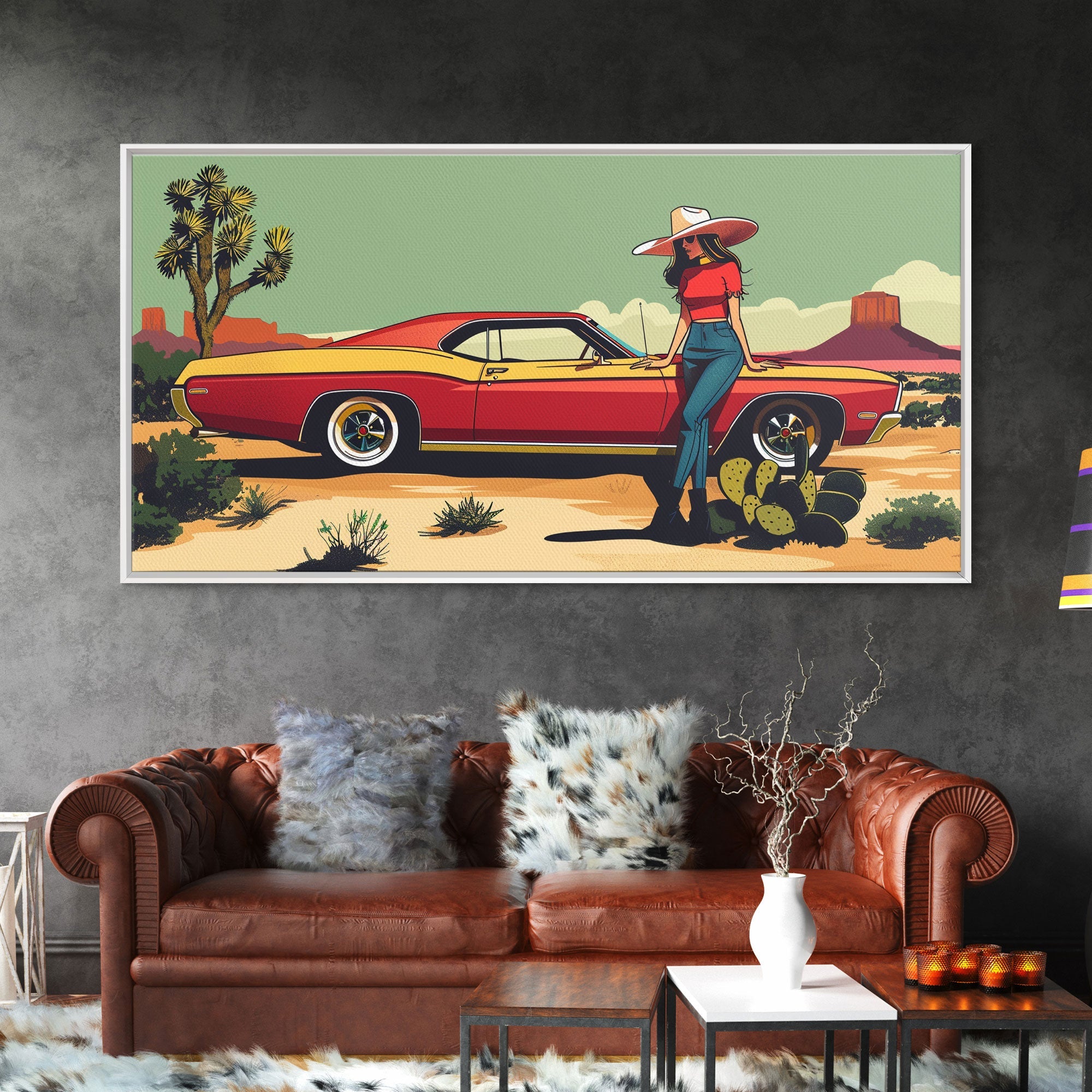 Retro Cowgirl with Red Car in Desert Landscape, Framed Canvas Print for Stylish Living Room Decor, Ideal Bedroom Wall Art
