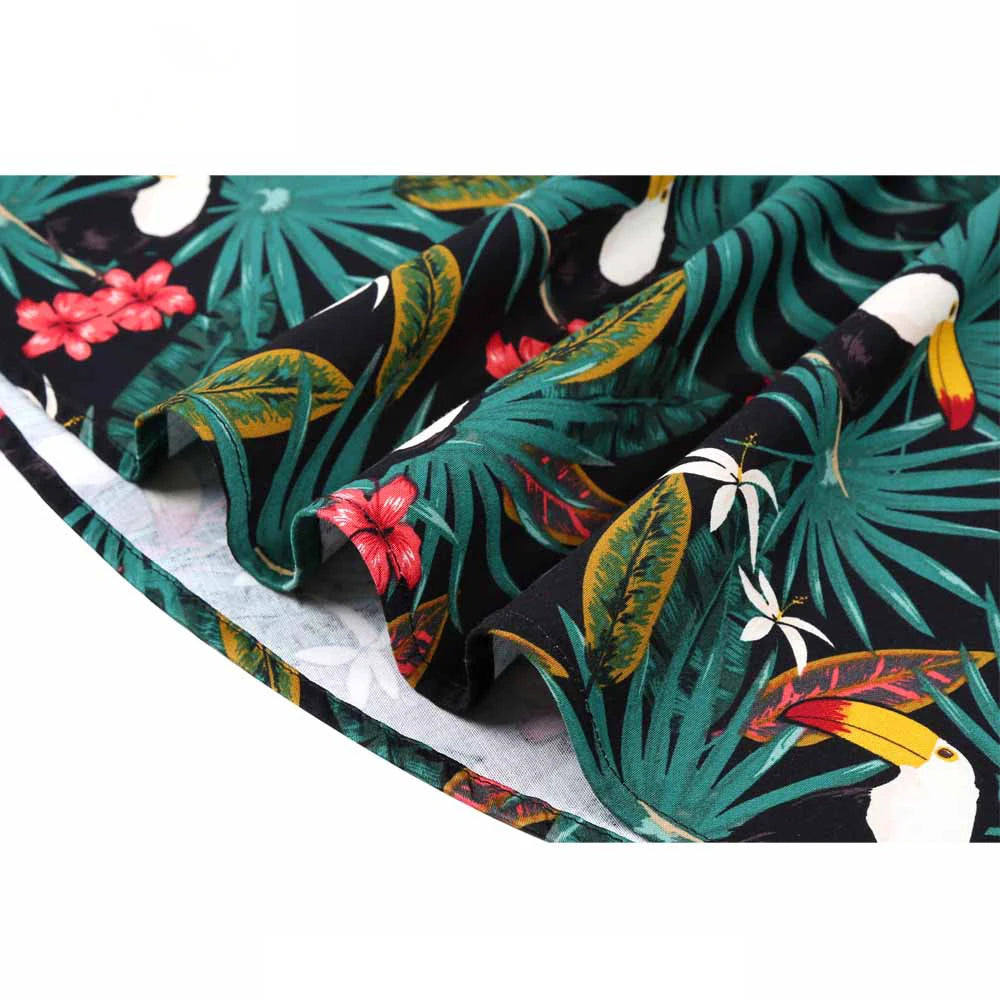Short Sleeve Tropical Print Fit and Flare Midi Dress with Tie Belt